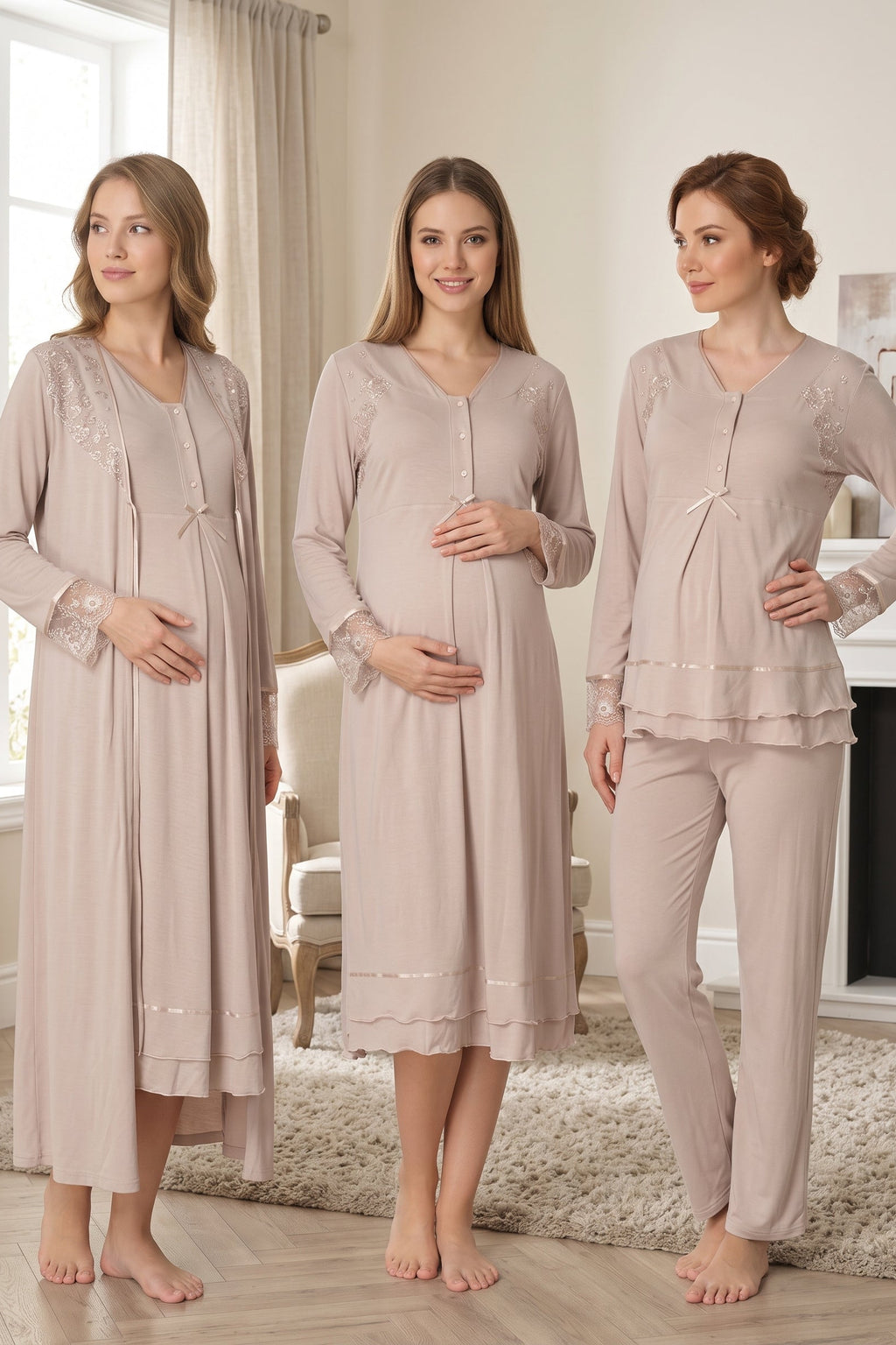 Lace Sleeve and Collar 4-Piece Maternity Feeding-Friendly Set Mink - T2426