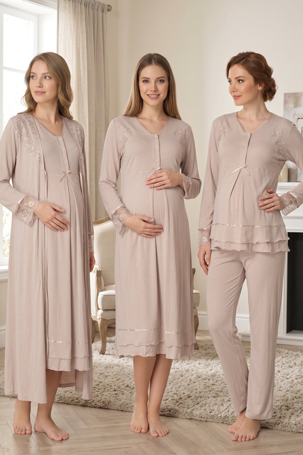 Lace Sleeve and Collar 4-Piece Maternity Feeding-Friendly Set Mink - T2426