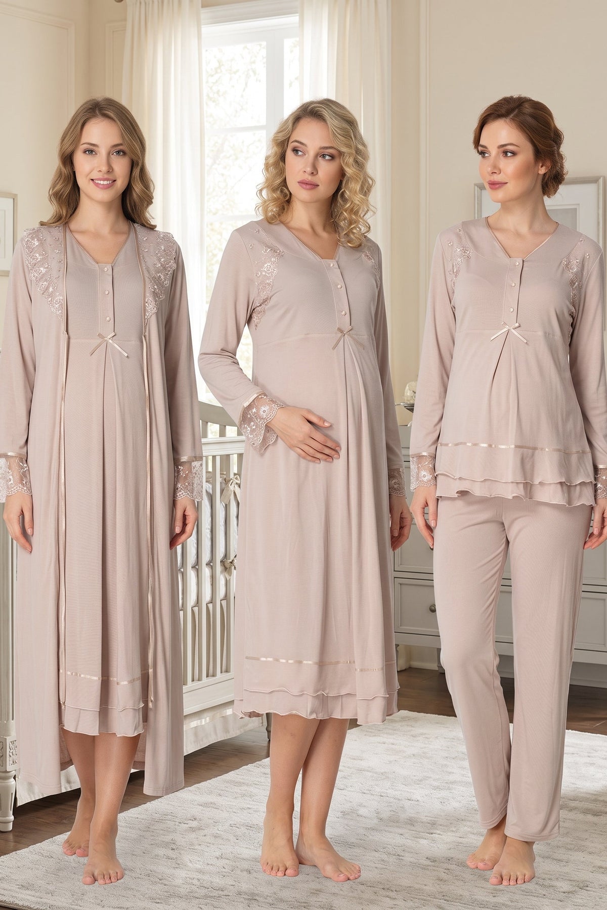 Lace Sleeve and Collar 4-Piece Maternity Feeding-Friendly Set Mink - T2426
