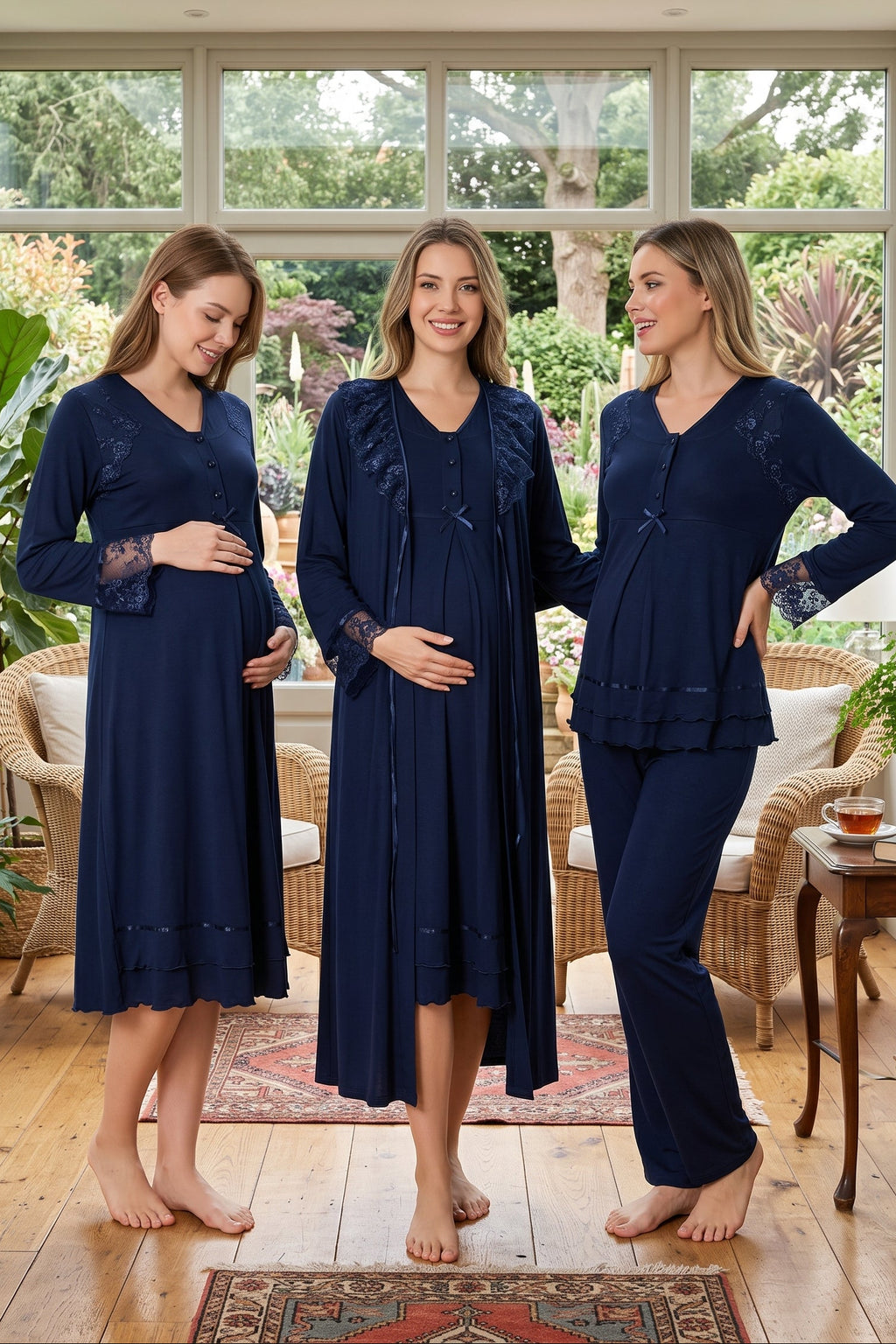 Lace Sleeve and Collar 4-Piece Maternity Feeding-Friendly Set Navy Blue - T2426