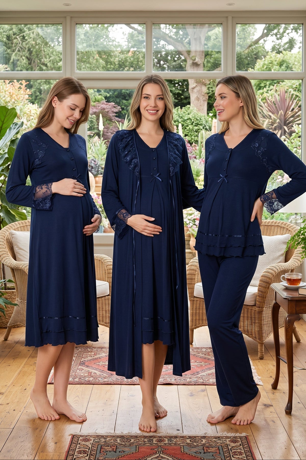 Lace Sleeve and Collar 4-Piece Maternity Feeding-Friendly Set Navy Blue - T2426