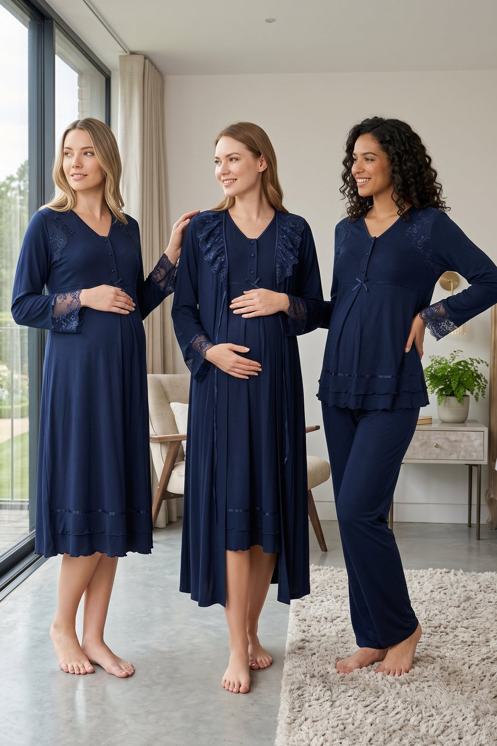 Lace Sleeve and Collar 4-Piece Maternity Feeding-Friendly Set Navy Blue - T2426