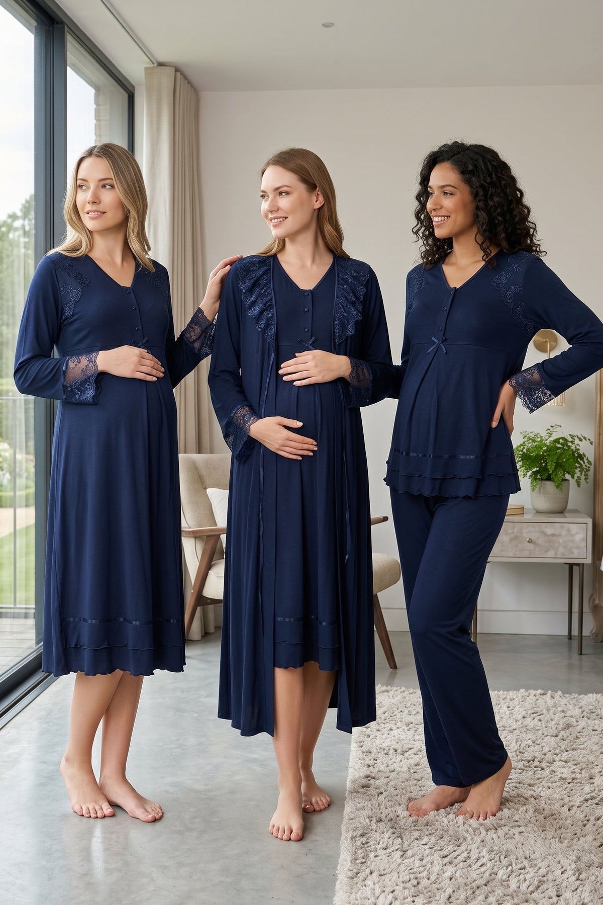 Lace Sleeve and Collar 4-Piece Maternity Feeding-Friendly Set Navy Blue - T2426