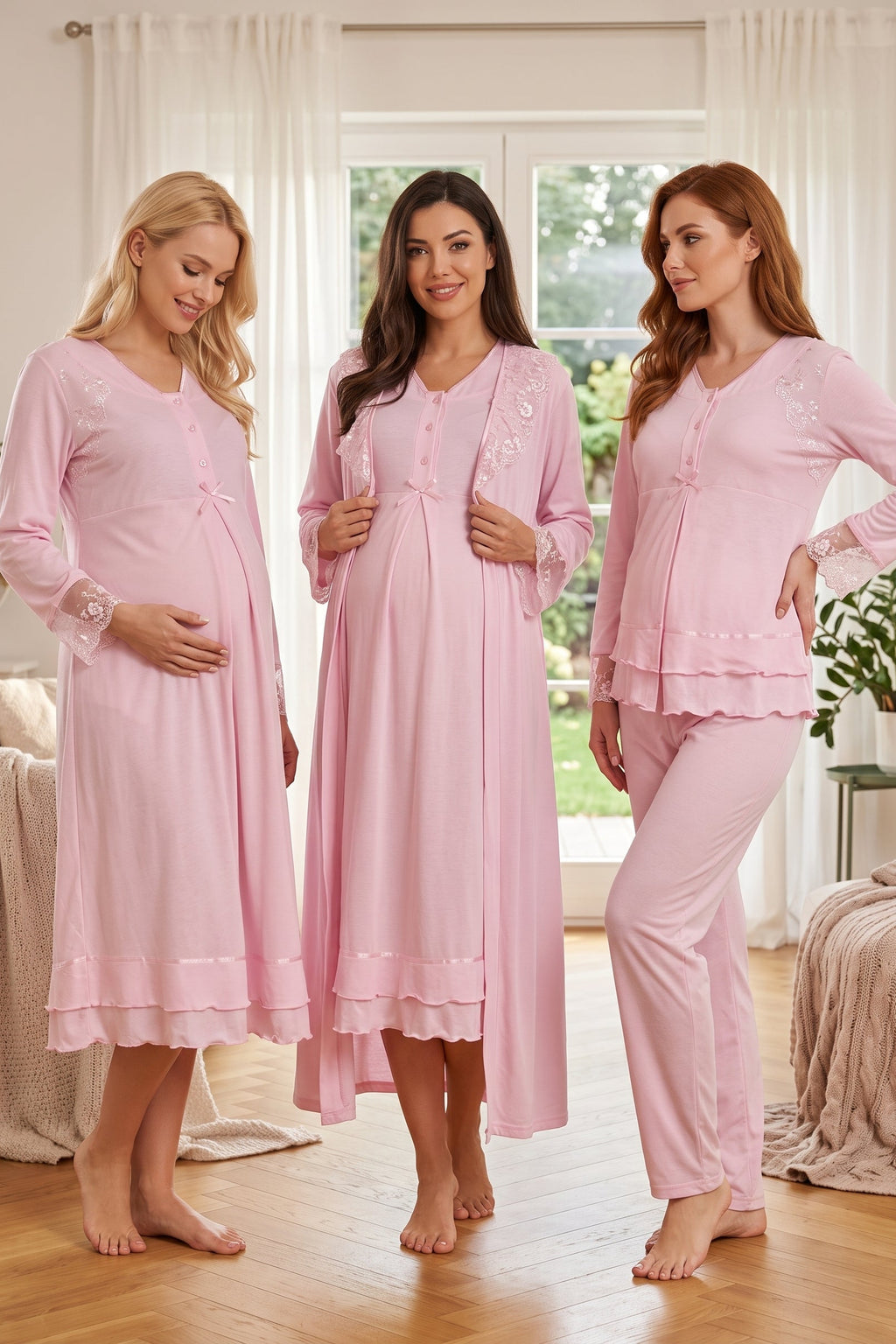 Lace Sleeve and Collar 4-Piece Maternity Feeding-Friendly Set Pink - T2426