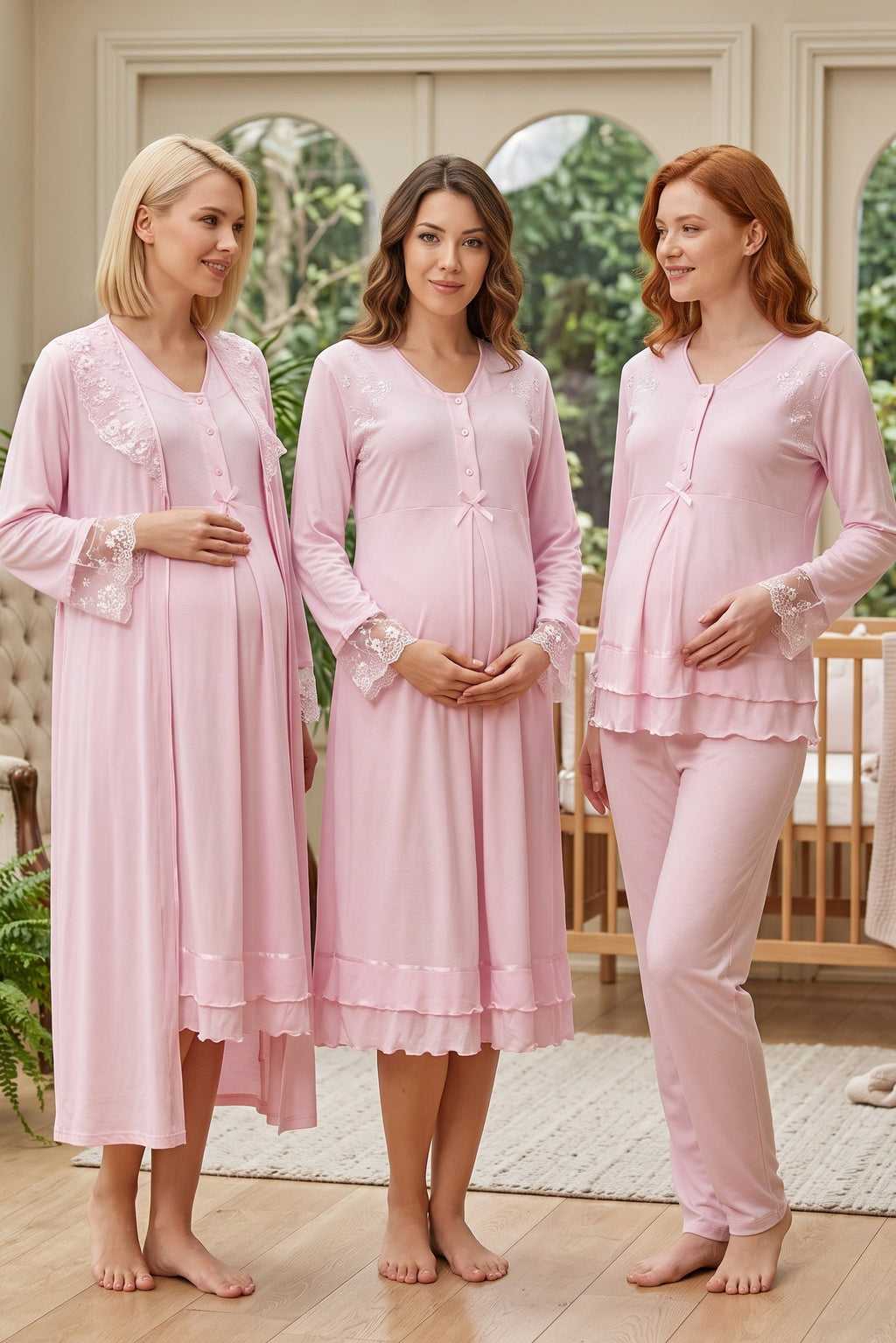 Lace Sleeve and Collar 4-Piece Maternity Feeding-Friendly Set Pink - T2426