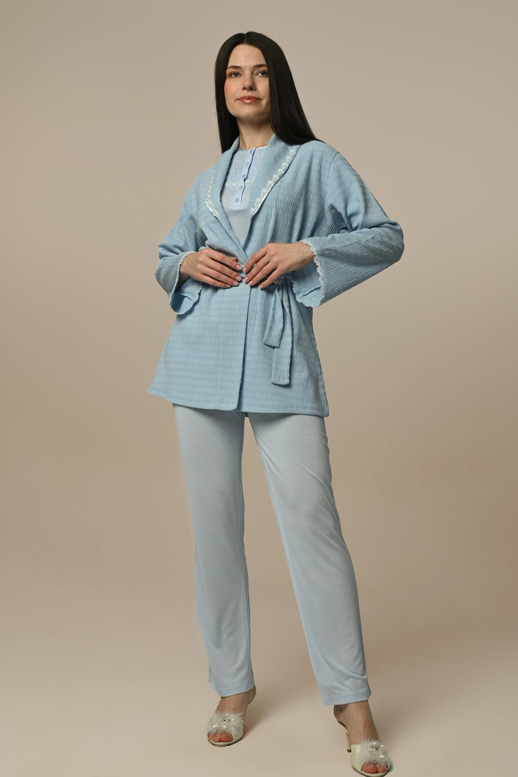 Lace Stripe 3-Piece Maternity Feeding-Friendly Pajama & Robe Set - N24301