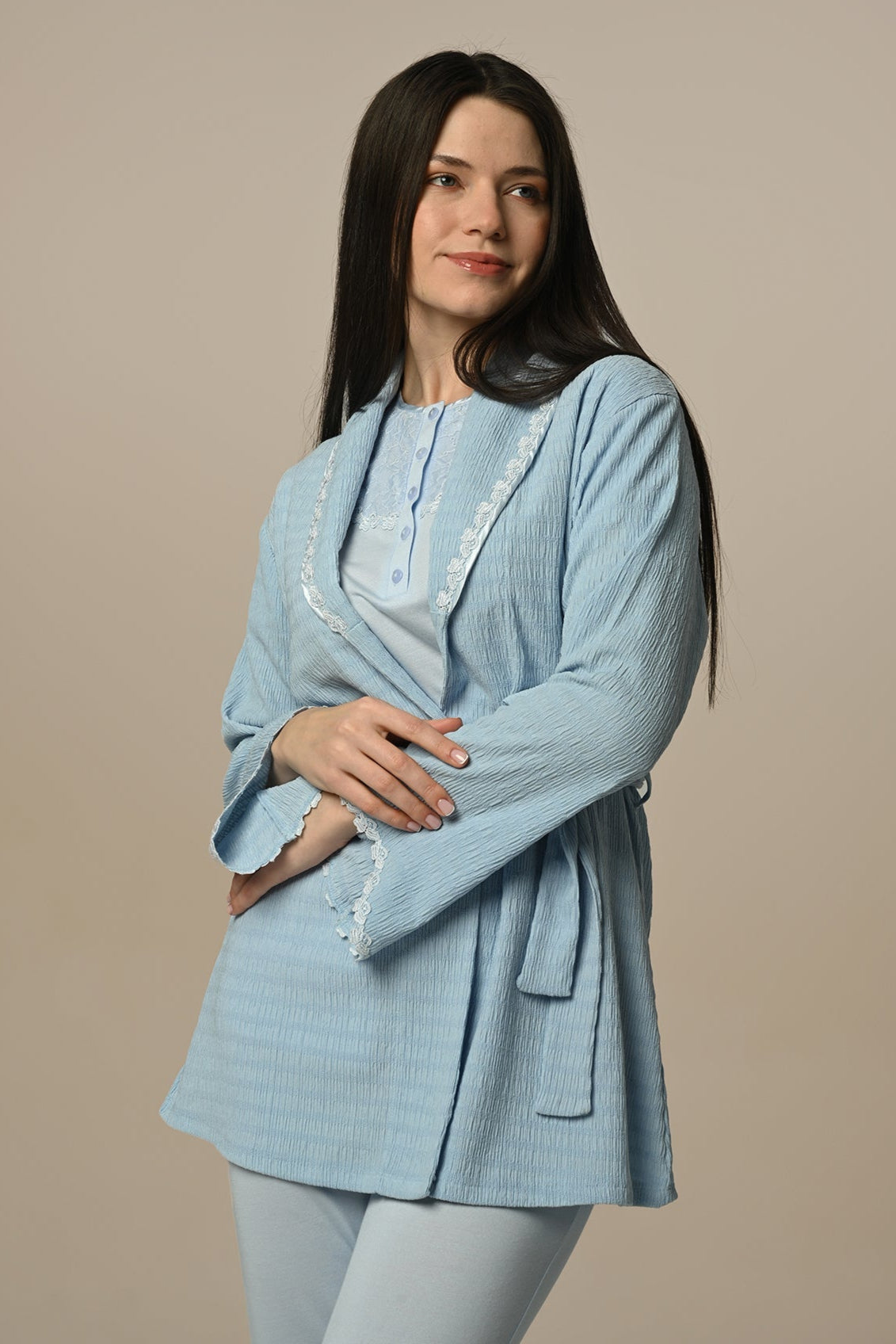 Lace Stripe 3-Piece Maternity Feeding-Friendly Pajama & Robe Set - N24301