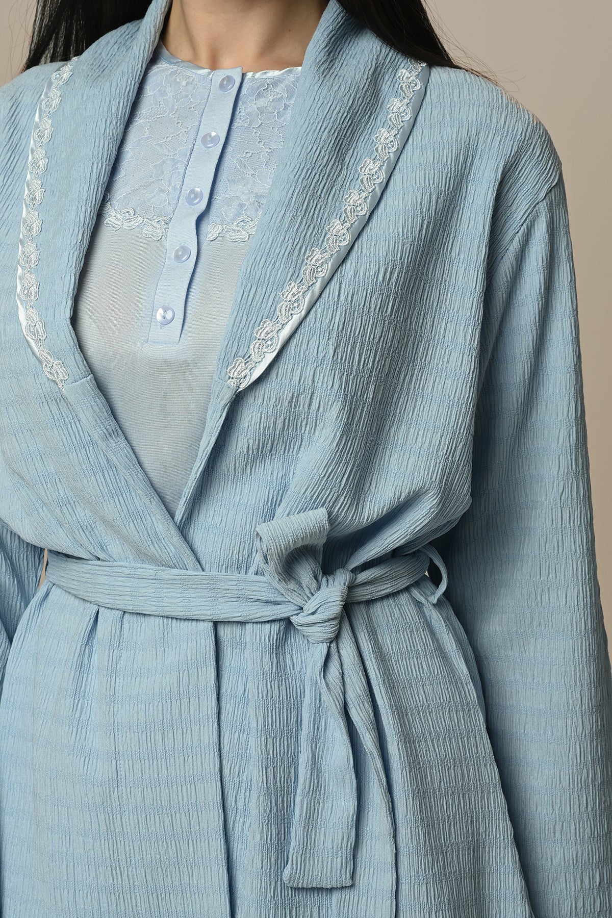 Lace Stripe 3-Piece Maternity Feeding-Friendly Pajama & Robe Set - N24301