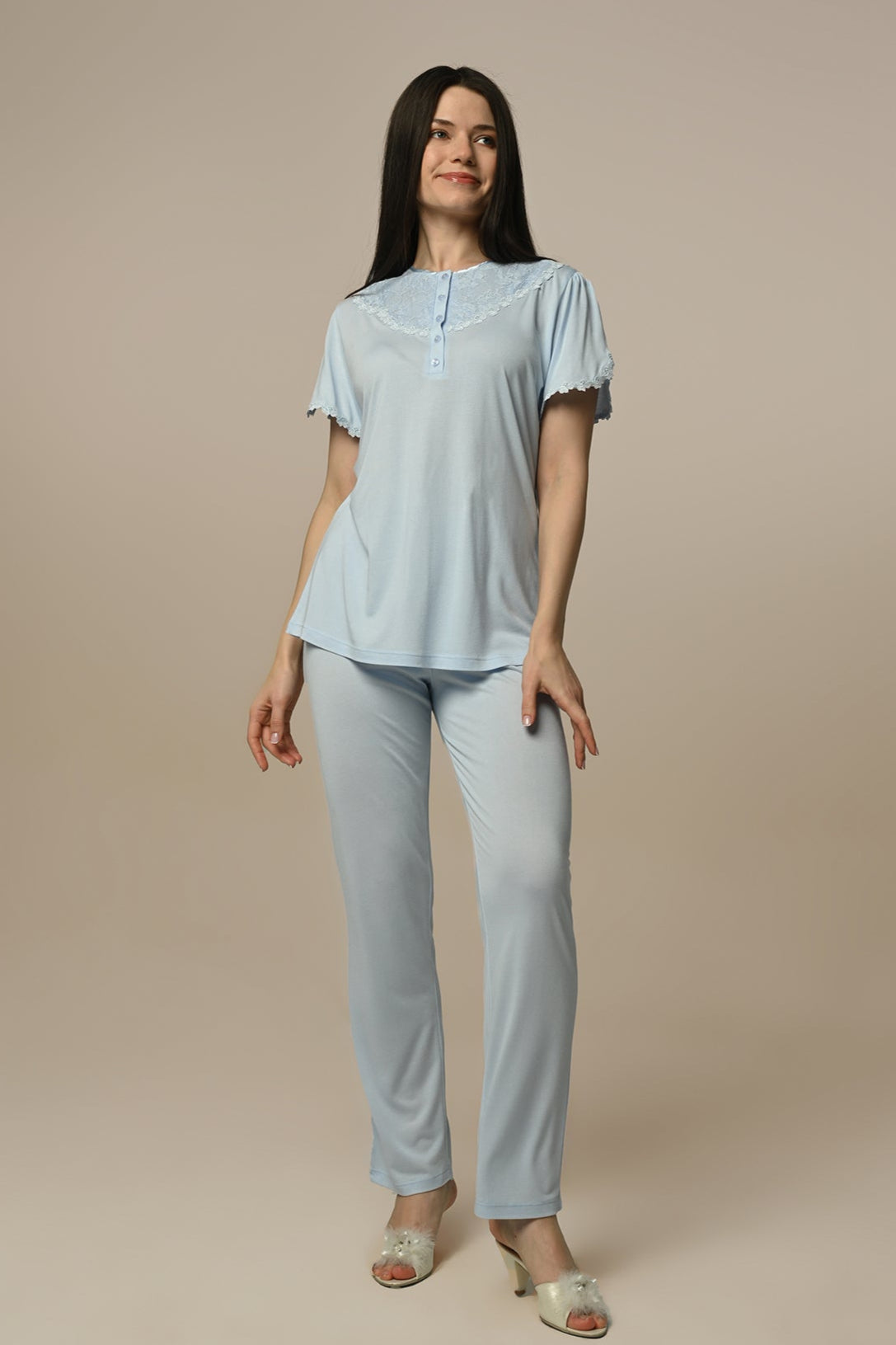 Lace Stripe 3-Piece Maternity Feeding-Friendly Pajama & Robe Set - N24301