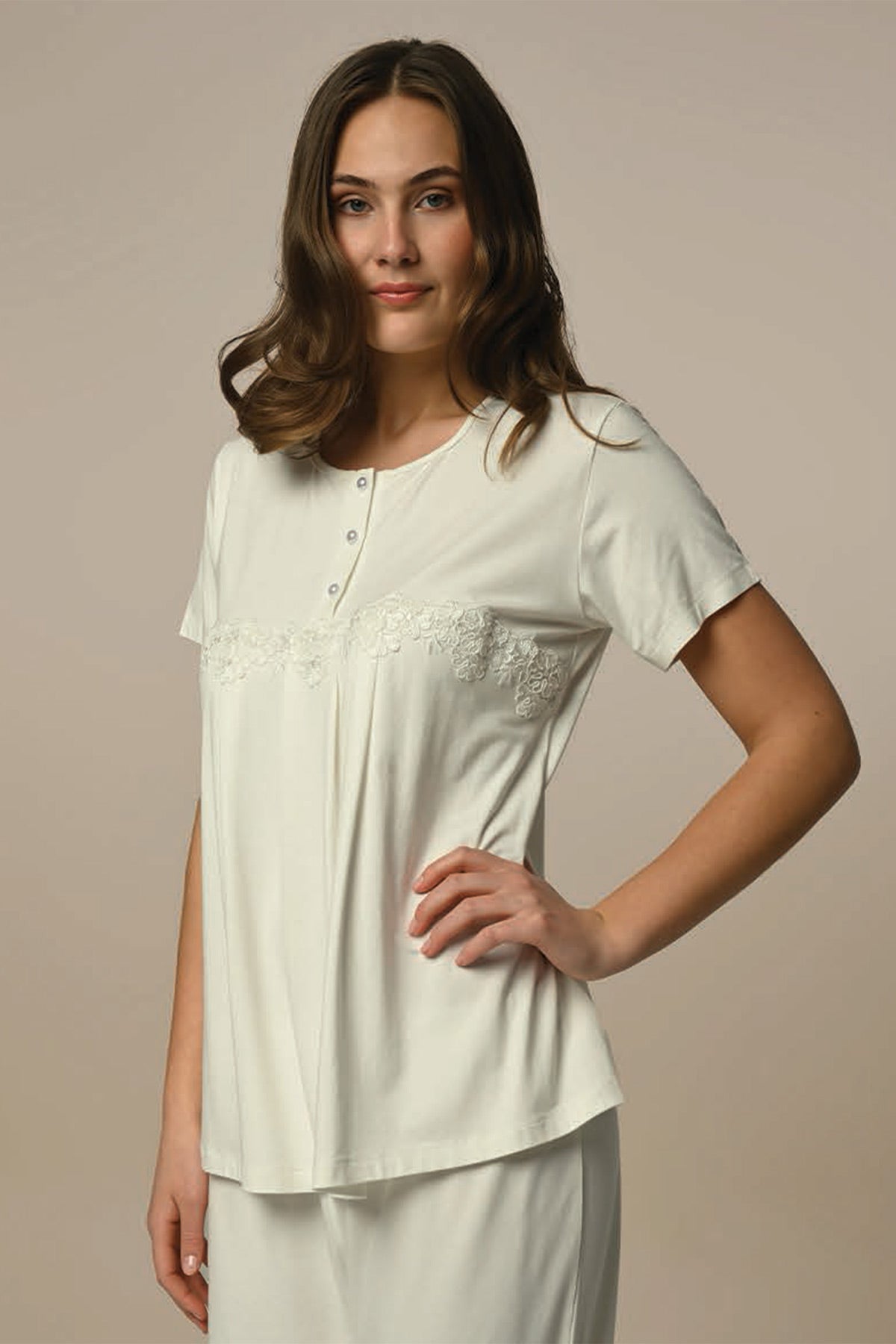 Flower Lace 3-Piece Maternity Feeding-Friendly Pajama & Robe Set Ecru - N24305