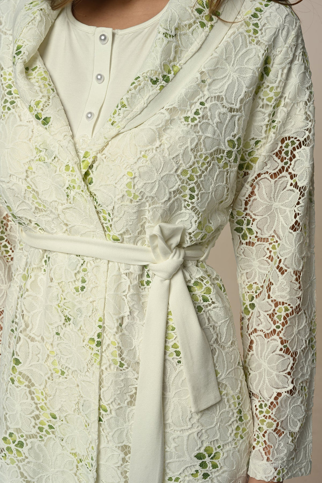 Flower Lace 3-Piece Maternity Feeding-Friendly Pajama & Robe Set Ecru - N24305