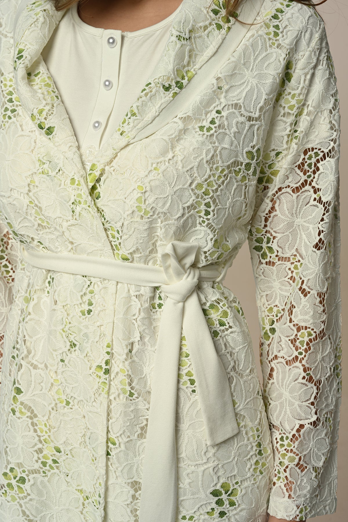 Flower Lace 3-Piece Maternity Feeding-Friendly Pajama & Robe Set Ecru - N24305