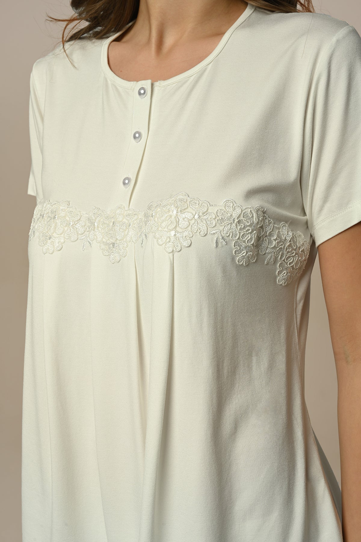 Flower Lace 3-Piece Maternity Feeding-Friendly Pajama & Robe Set Ecru - N24305