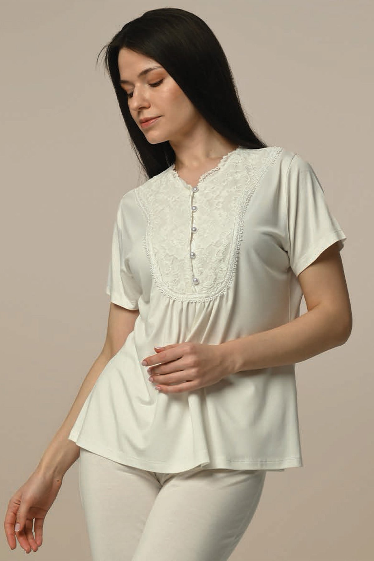 Guipure Collar 3-Piece Maternity Feeding-Friendly Pajama & Robe Set - N24316