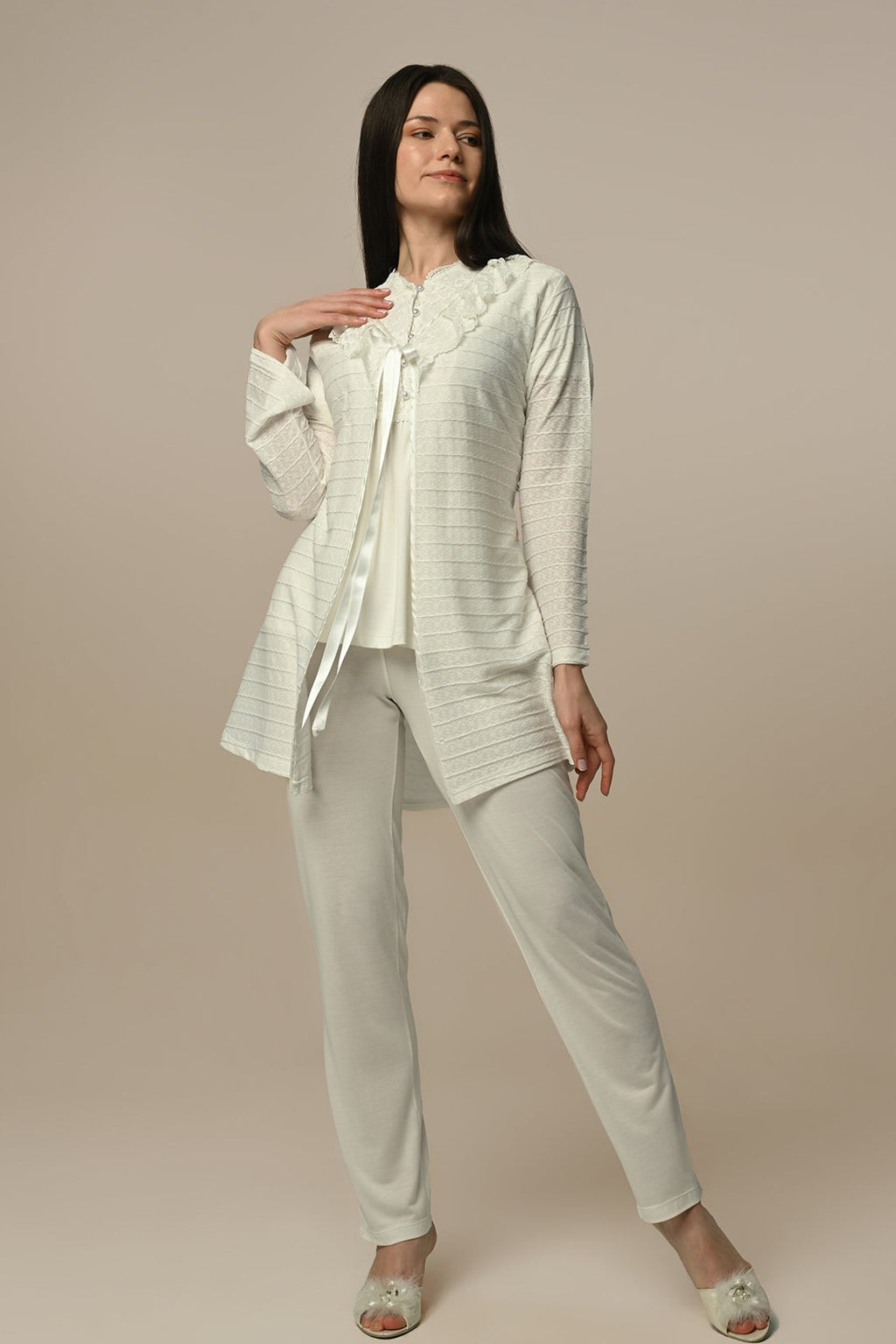 Guipure Collar 3-Piece Maternity Feeding-Friendly Pajama & Robe Set - N24316
