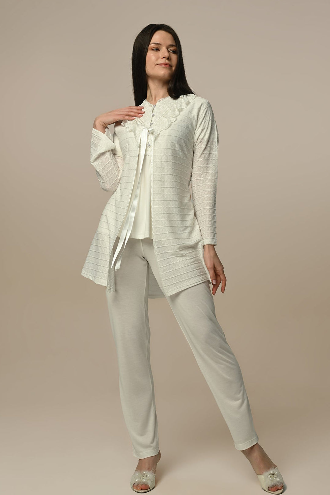Guipure Collar 3-Piece Maternity Feeding-Friendly Pajama & Robe Set - N24316