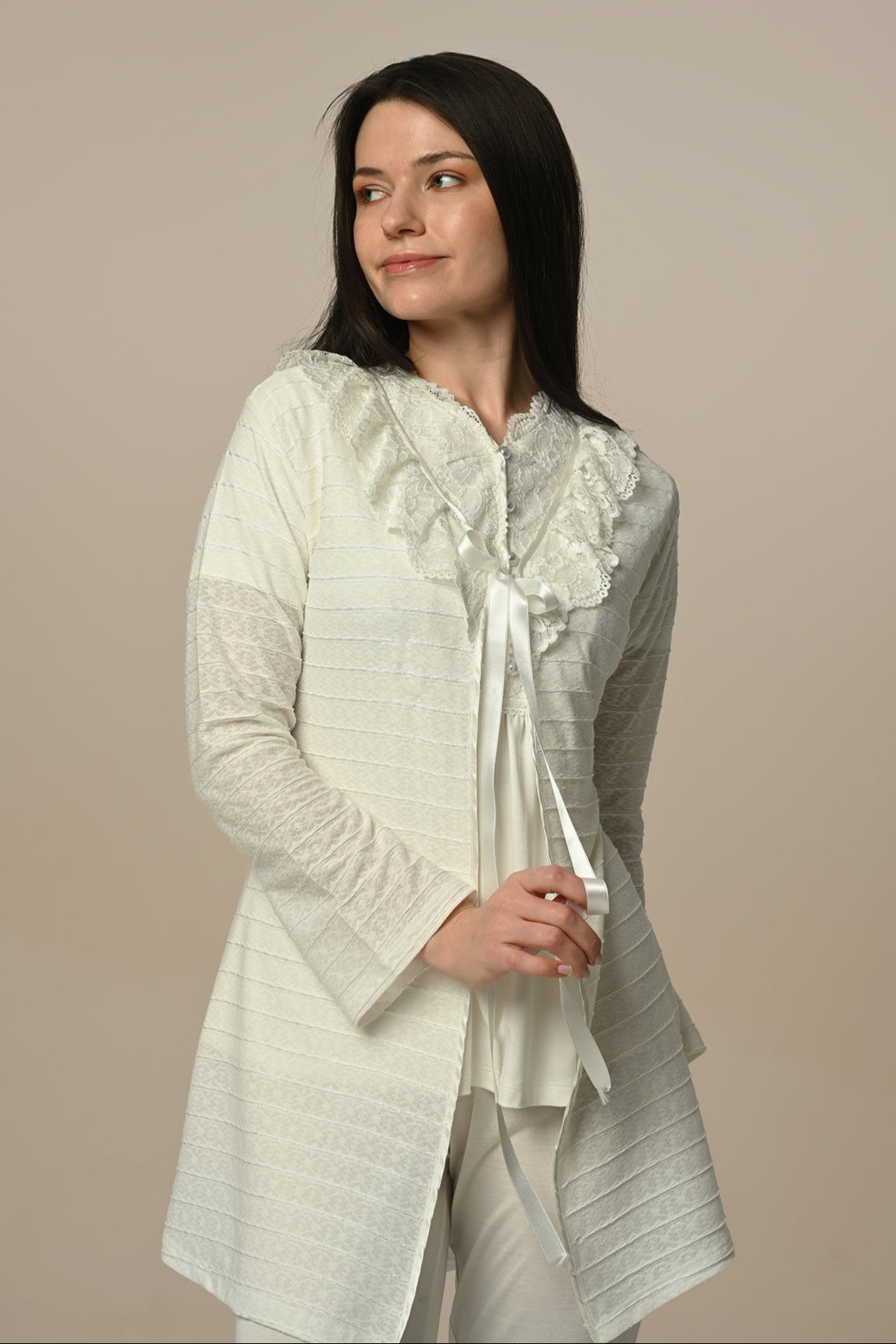 Guipure Collar 3-Piece Maternity Feeding-Friendly Pajama & Robe Set - N24316