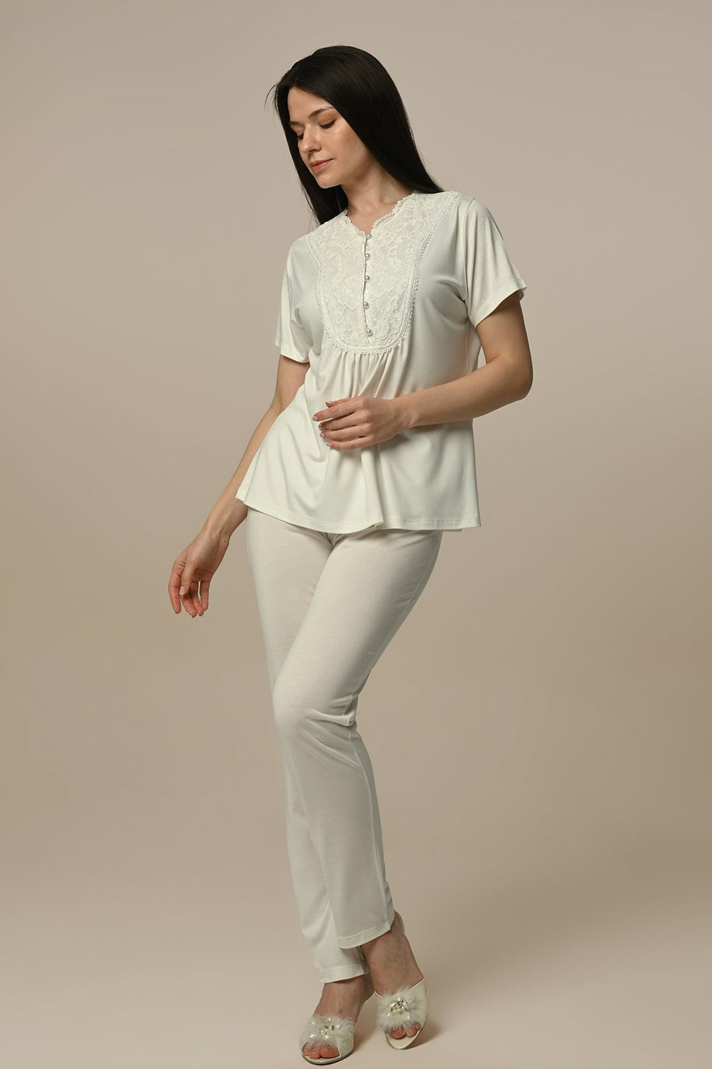 Guipure Collar 3-Piece Maternity Feeding-Friendly Pajama & Robe Set - N24316