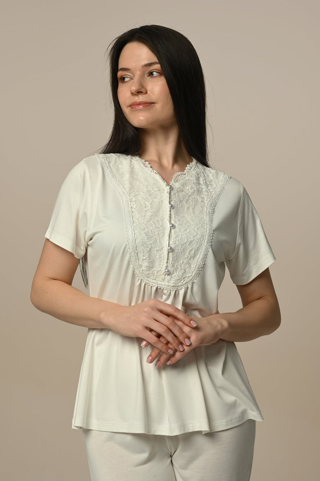 Guipure Collar 3-Piece Maternity Feeding-Friendly Pajama & Robe Set - N24316