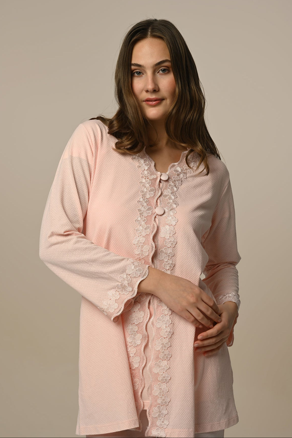 Lace Edge 3-Piece Maternity Feeding-Friendly Pajama & Robe Set - N24319