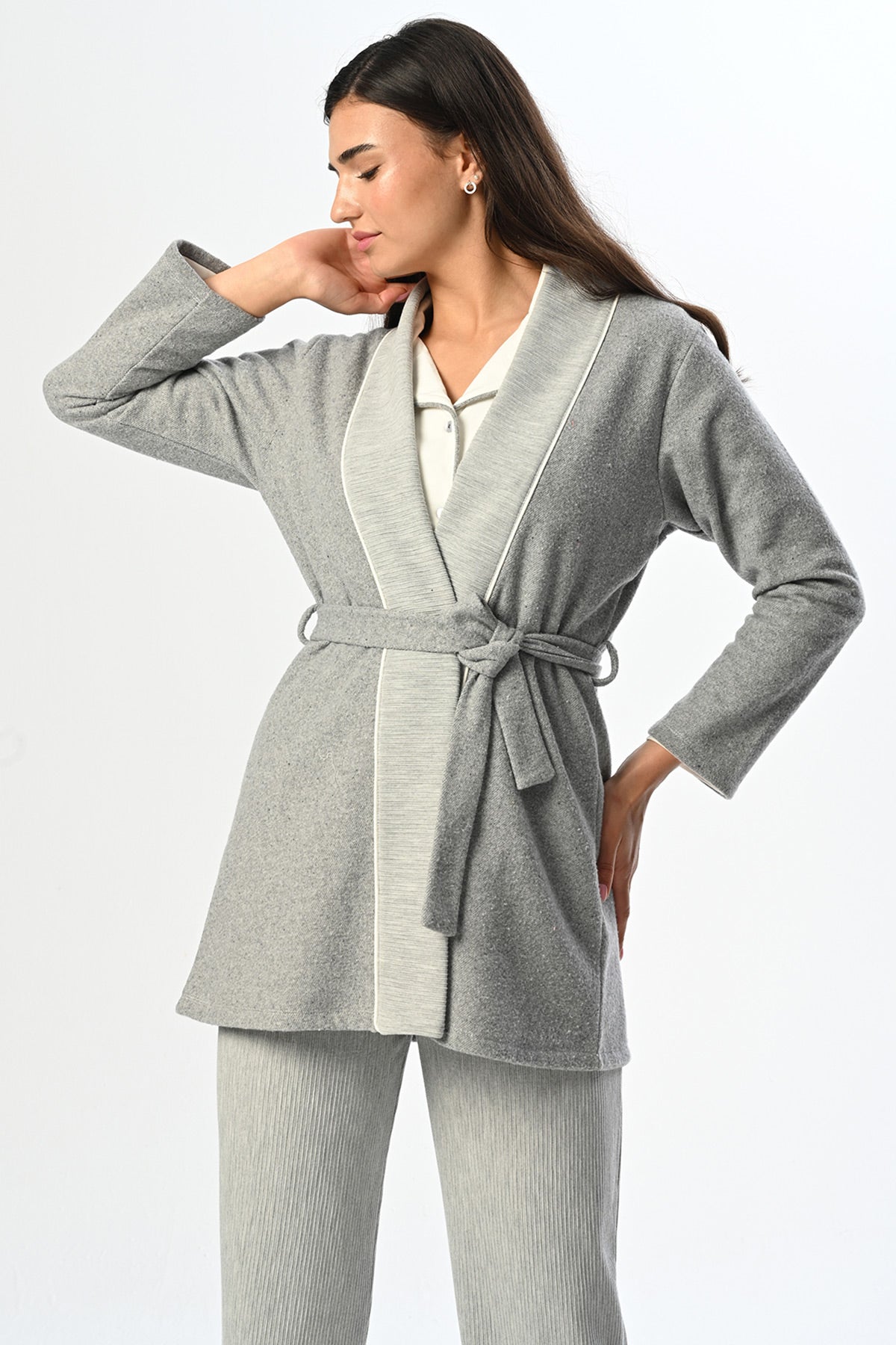 Shirt Collar 3-Piece Maternity Feeding-Friendly Pajama & Melange Robe Set - N24335