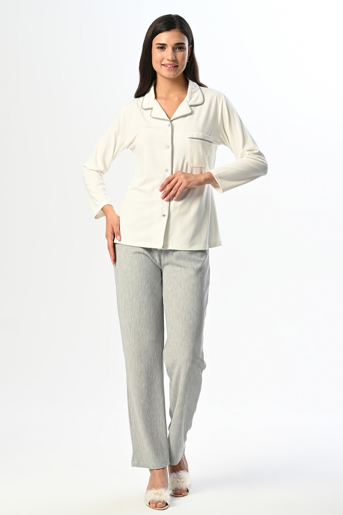 Shirt Collar 3-Piece Maternity Feeding-Friendly Pajama & Melange Robe Set - N24335