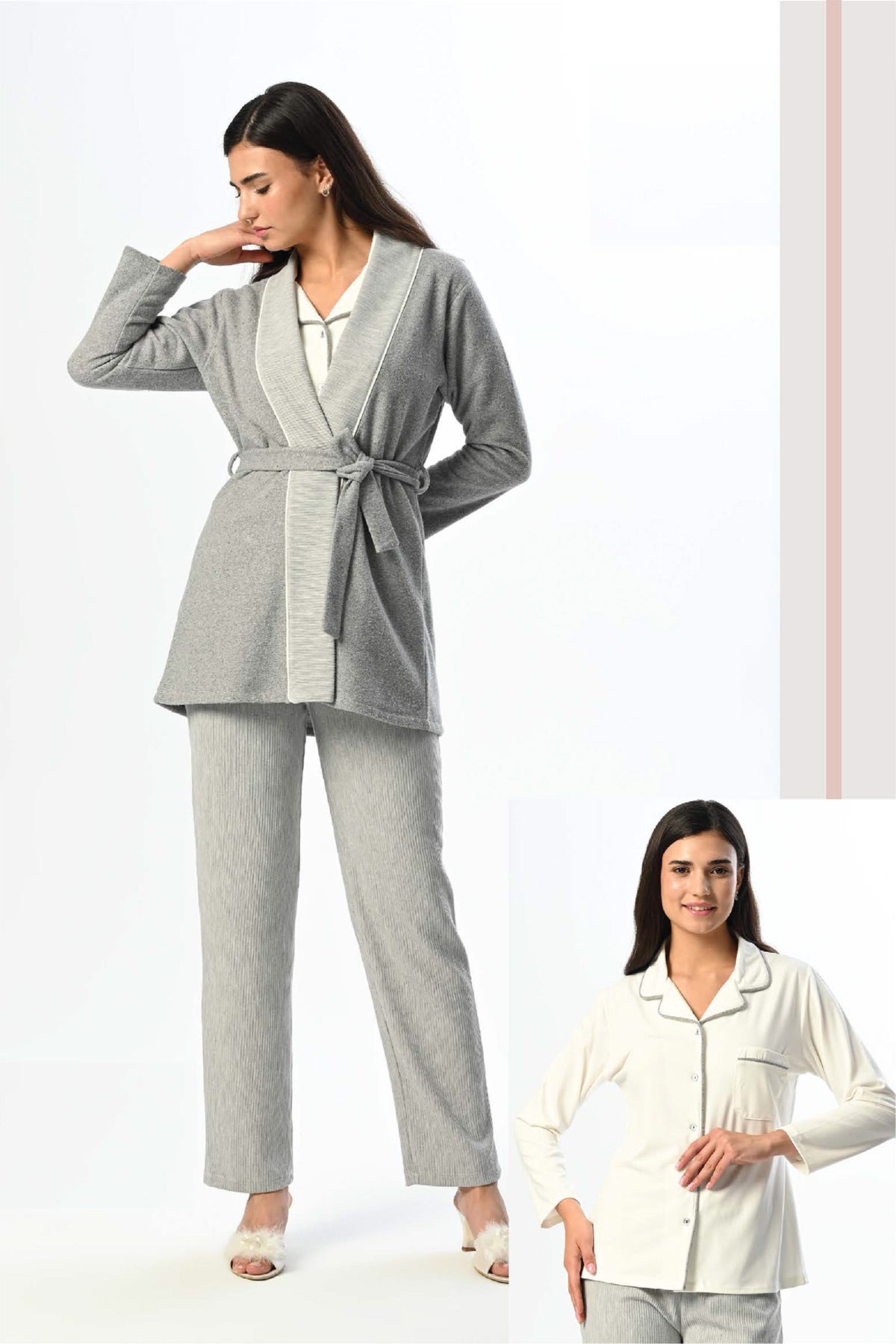 Shirt Collar 3-Piece Maternity Feeding-Friendly Pajama & Melange Robe Set - N24335