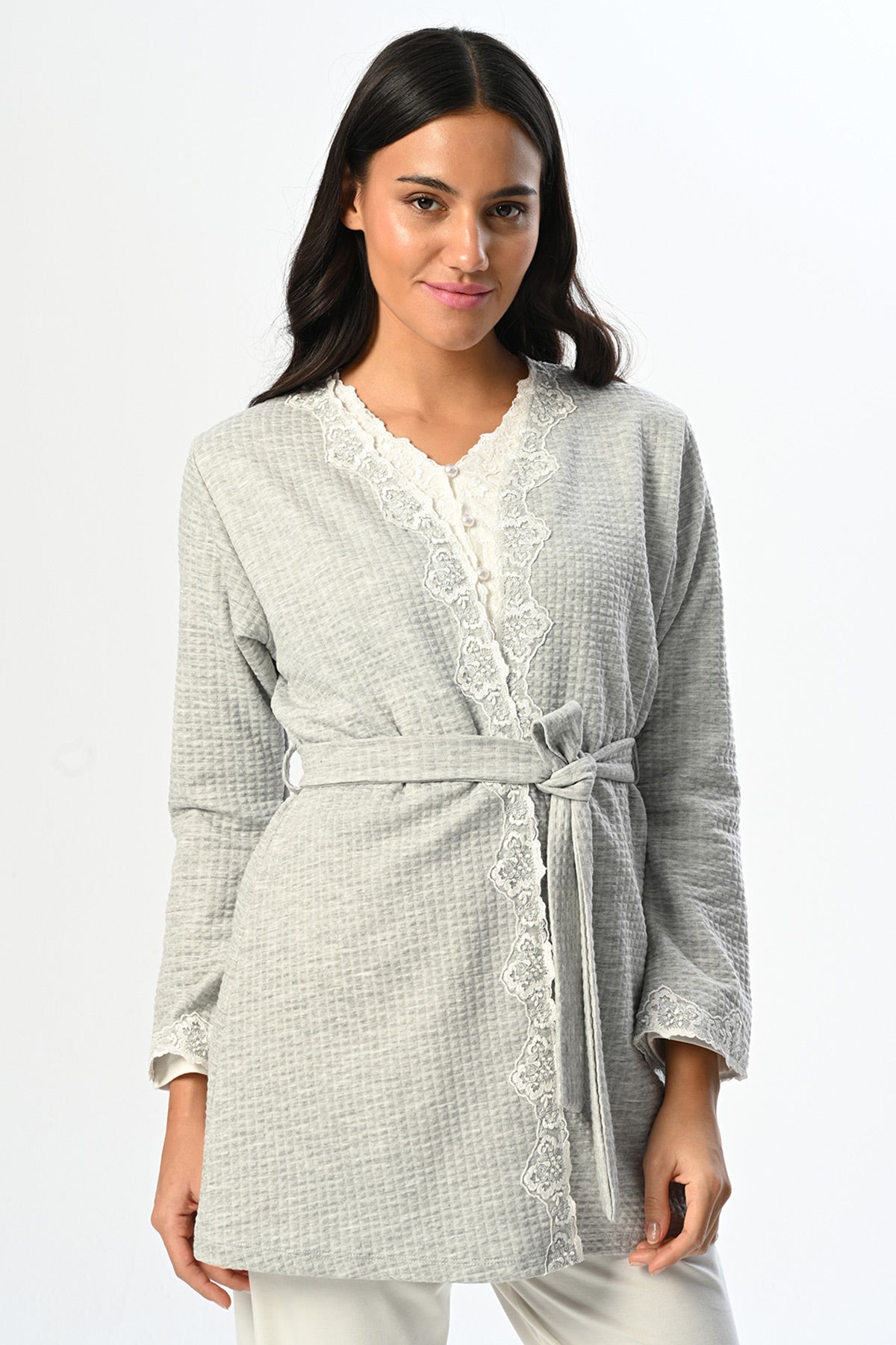 Flower Lace Edge 3-Piece Maternity Feeding-Friendly Pajama & Robe Set - N24337