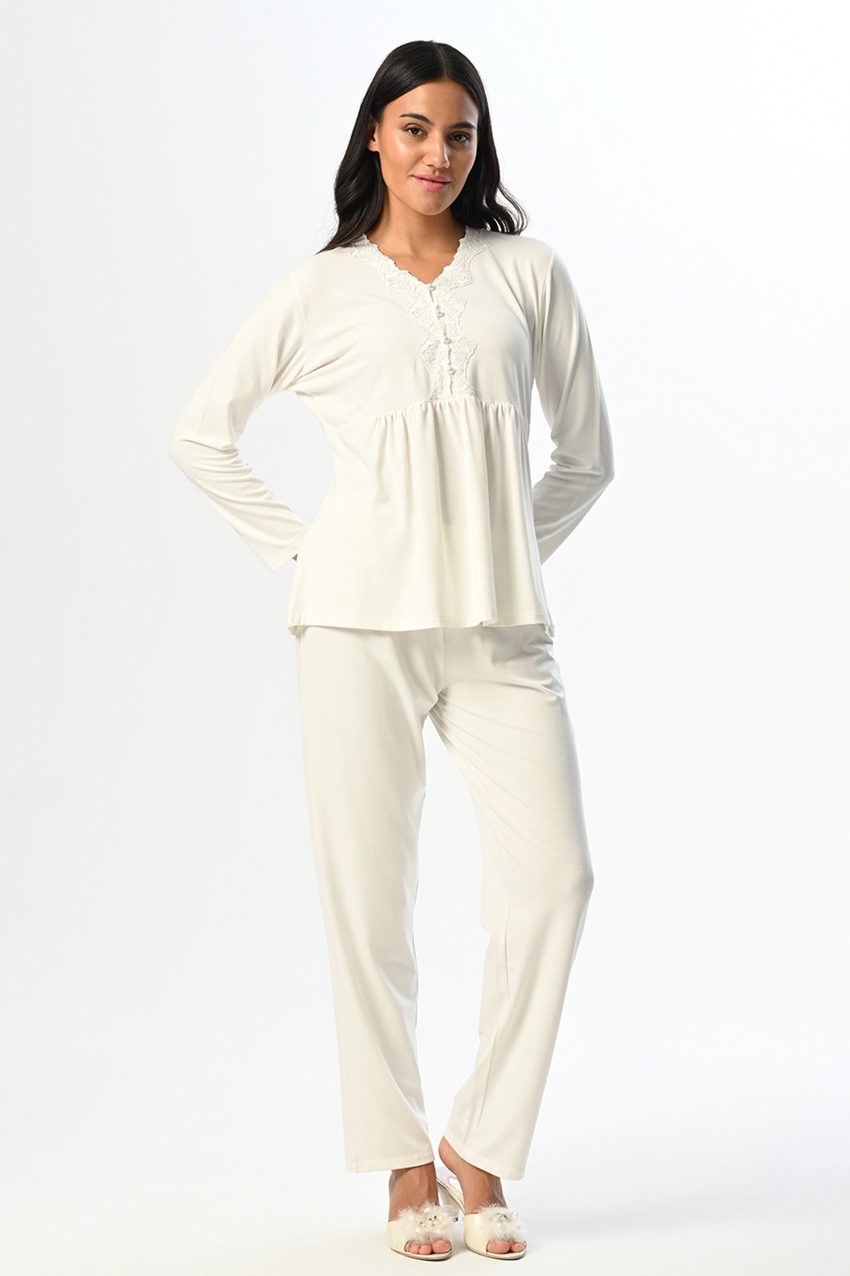 Flower Lace Edge 3-Piece Maternity Feeding-Friendly Pajama & Robe Set - N24337