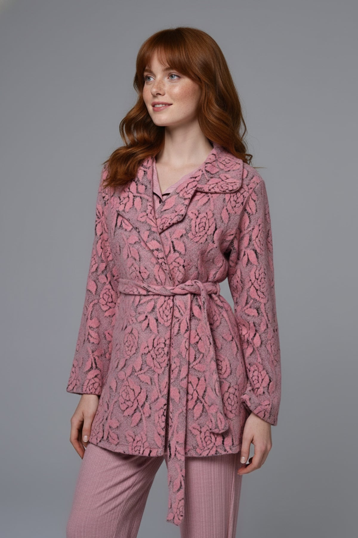 Shirt Collar 3-Piece Maternity Feeding-Friendly Pajama & Flowery Robe Set Pink - N24338