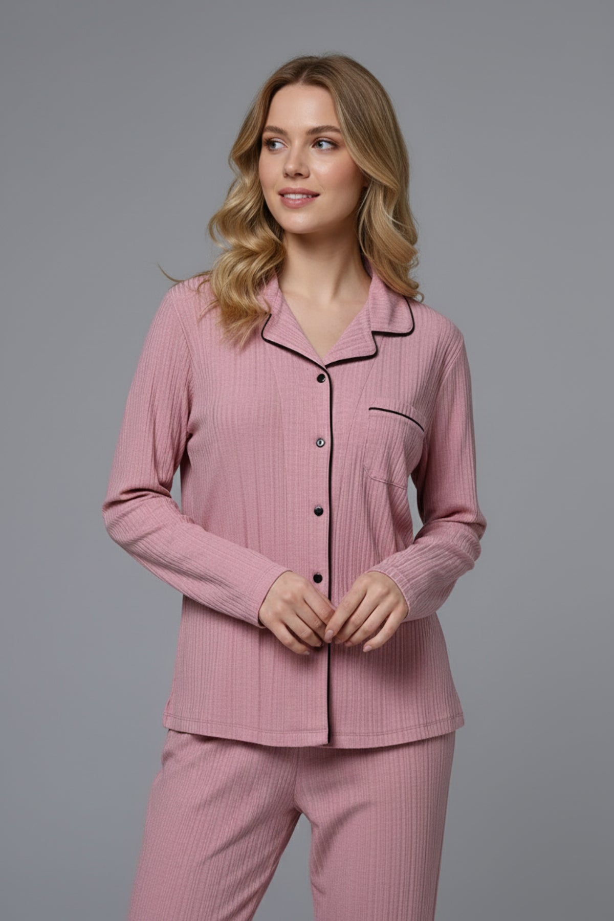 Shirt Collar 3-Piece Maternity Feeding-Friendly Pajama & Flowery Robe Set Pink - N24338