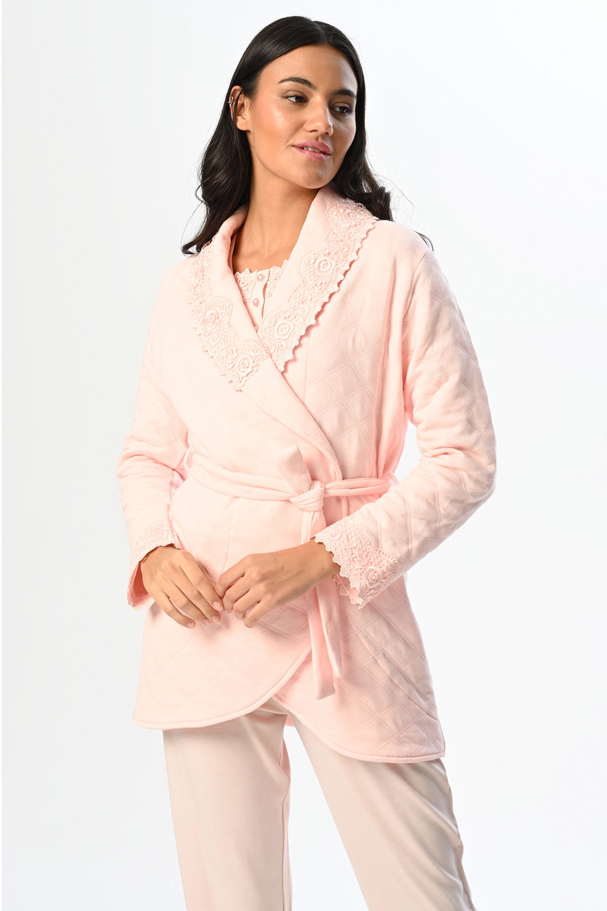 Flower Lace Collar 3-Piece Maternity Feeding-Friendly Pajama & Robe Set Powder - N24339