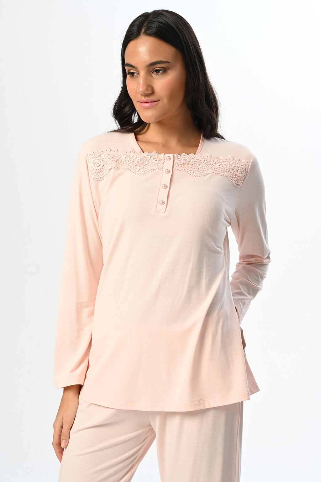 Flower Lace Collar 3-Piece Maternity Feeding-Friendly Pajama & Robe Set Powder - N24339