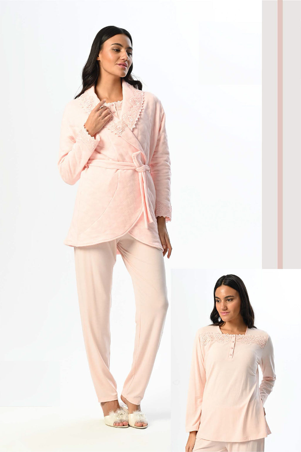 Flower Lace Collar 3-Piece Maternity Feeding-Friendly Pajama & Robe Set Powder - N24339