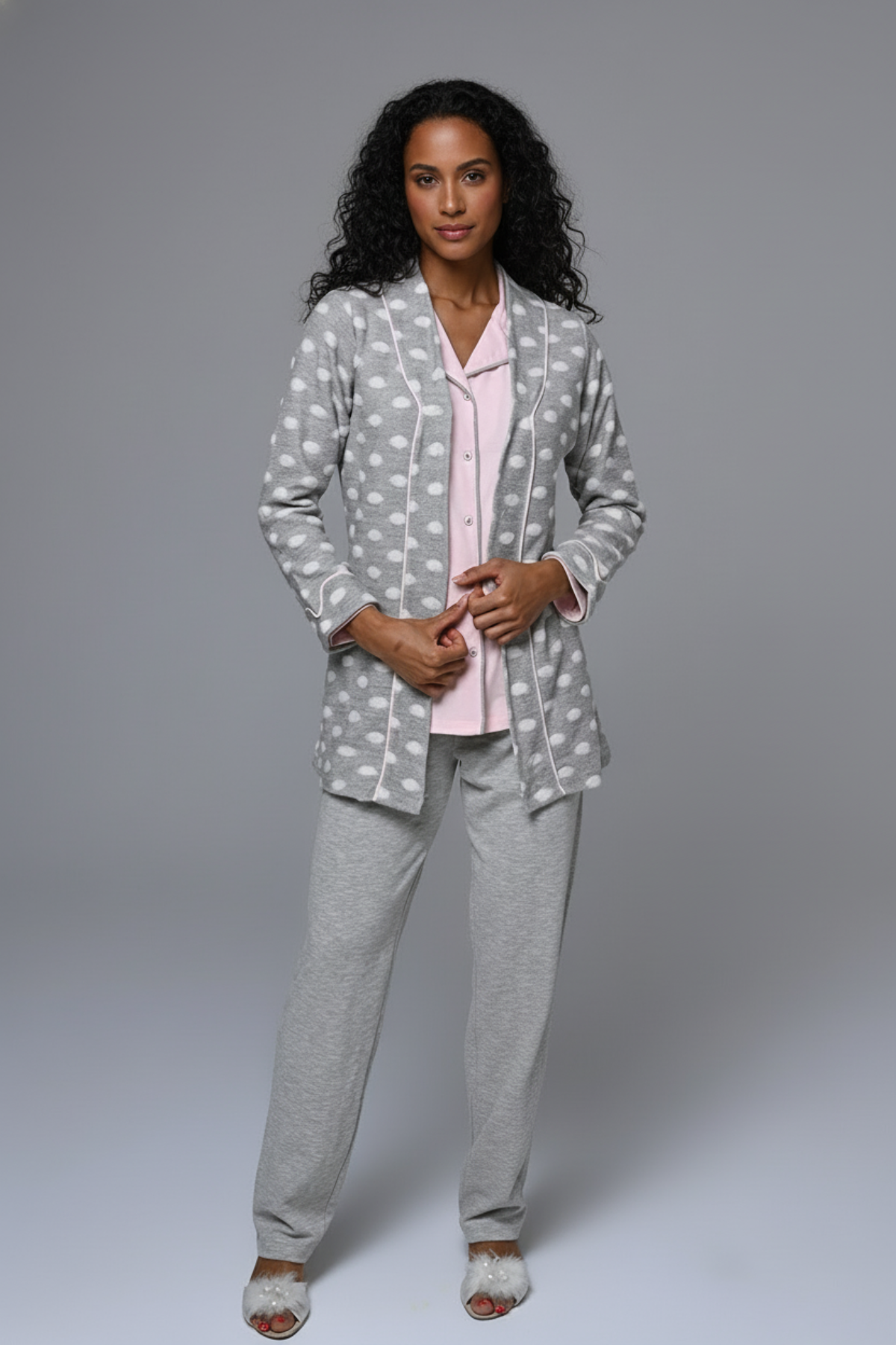 Shirt Collar 3-Piece Maternity Feeding-Friendly Pajama & Polka-Dot Robe Set - N24341