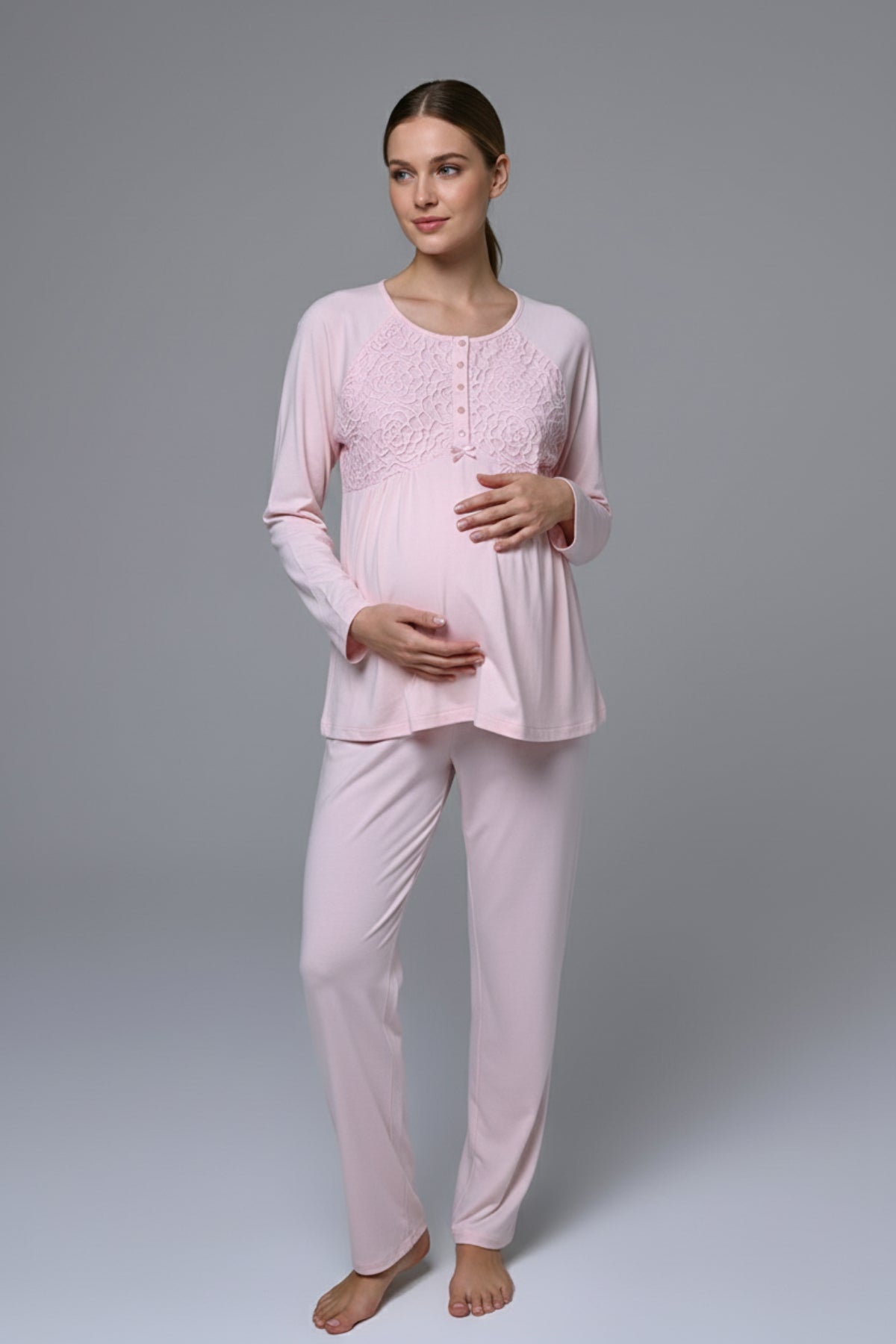 Guipure Collar 3-Piece Maternity Feeding-Friendly Pajama & Robe Set Pink - N24342