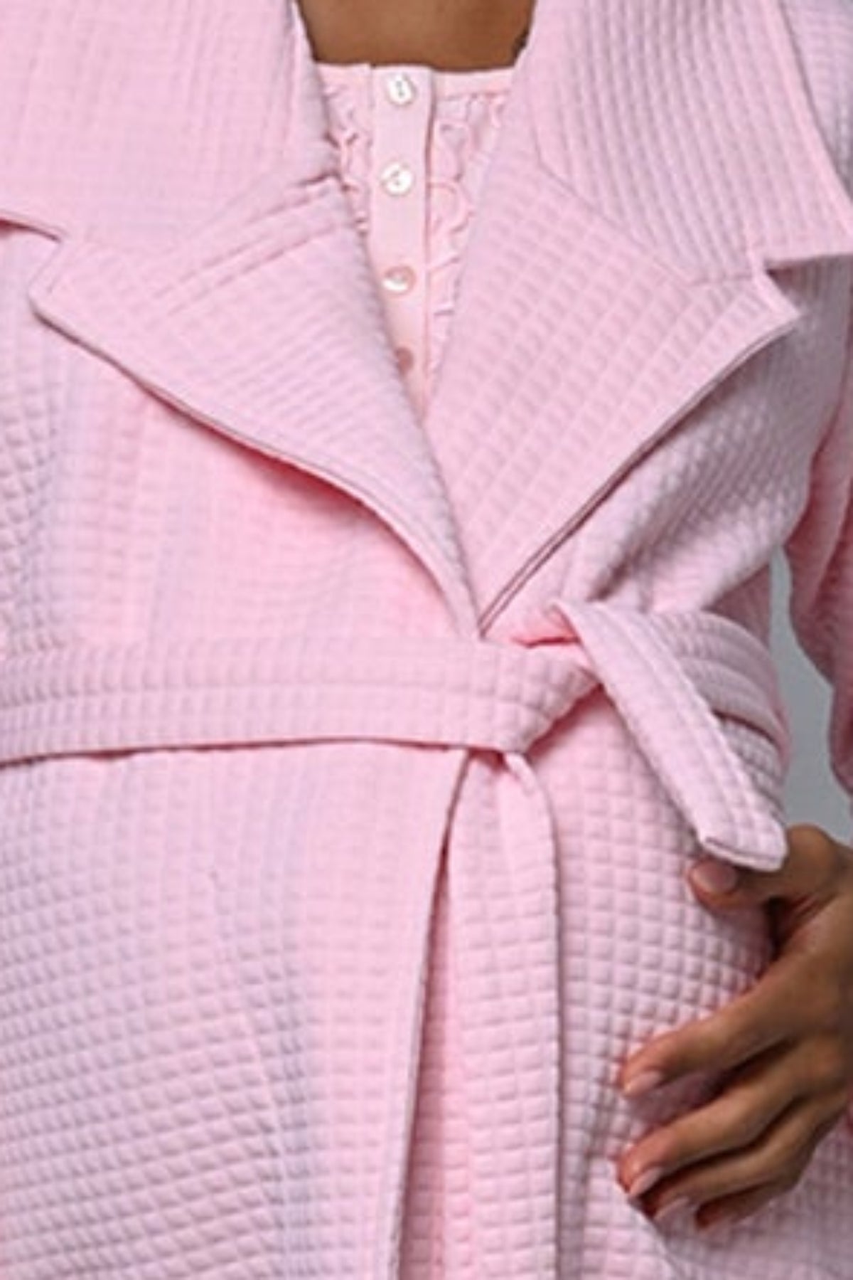 Guipure Collar 3-Piece Maternity Feeding-Friendly Pajama & Robe Set Pink - N24342