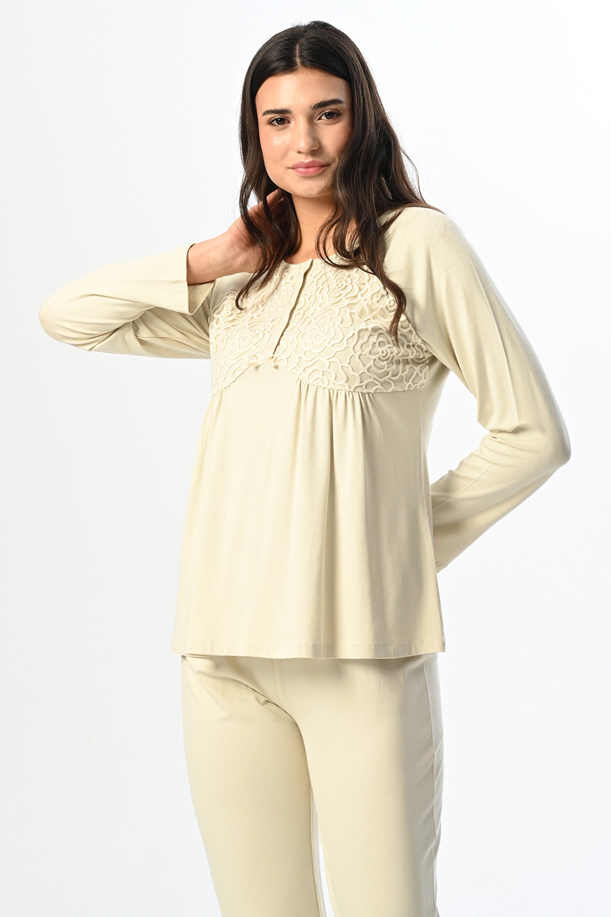 Guipure Collar 3-Piece Maternity Feeding-Friendly Pajama & Robe Set Beige - N24342