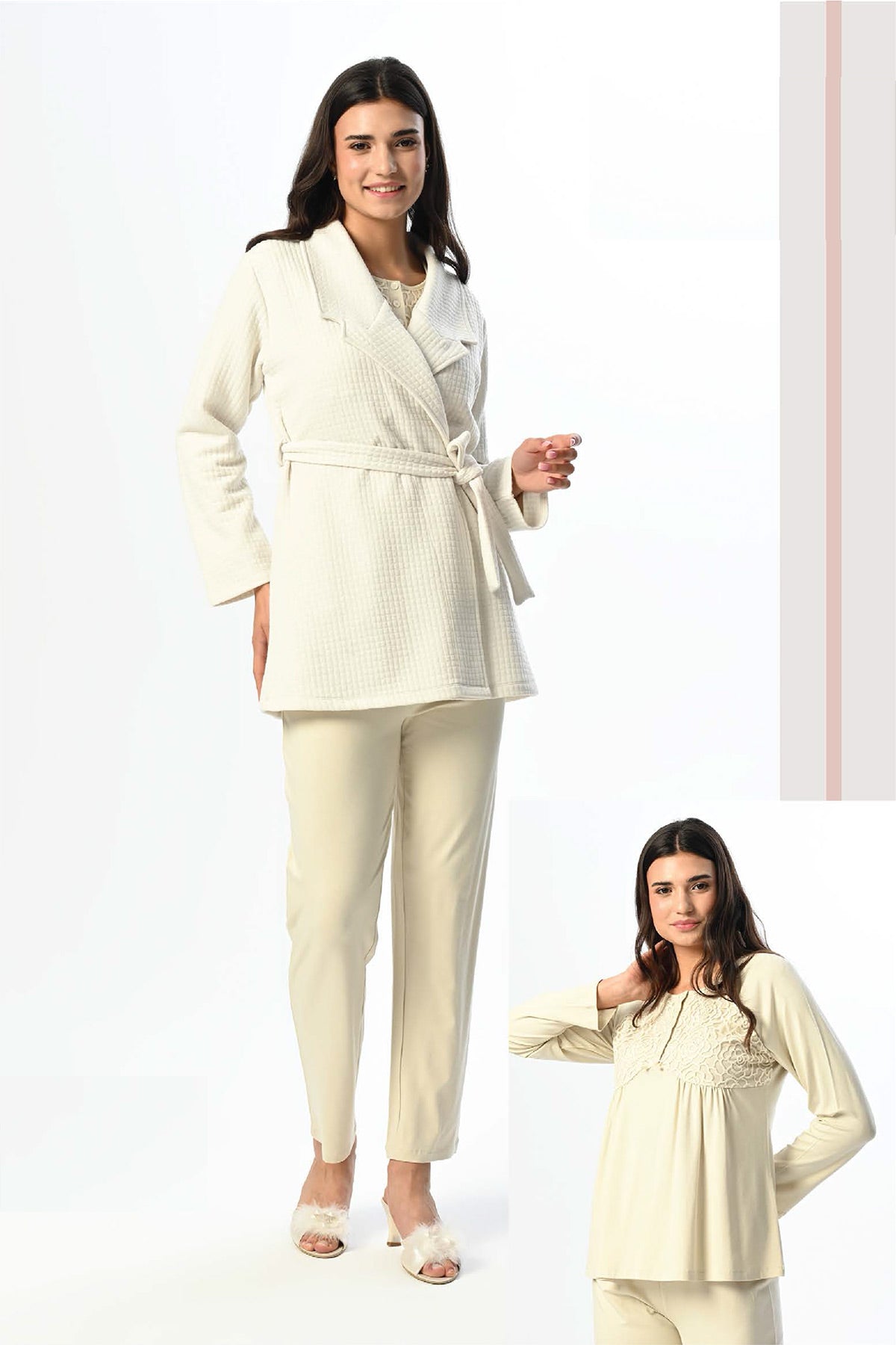 Guipure Collar 3-Piece Maternity Feeding-Friendly Pajama & Robe Set Beige - N24342