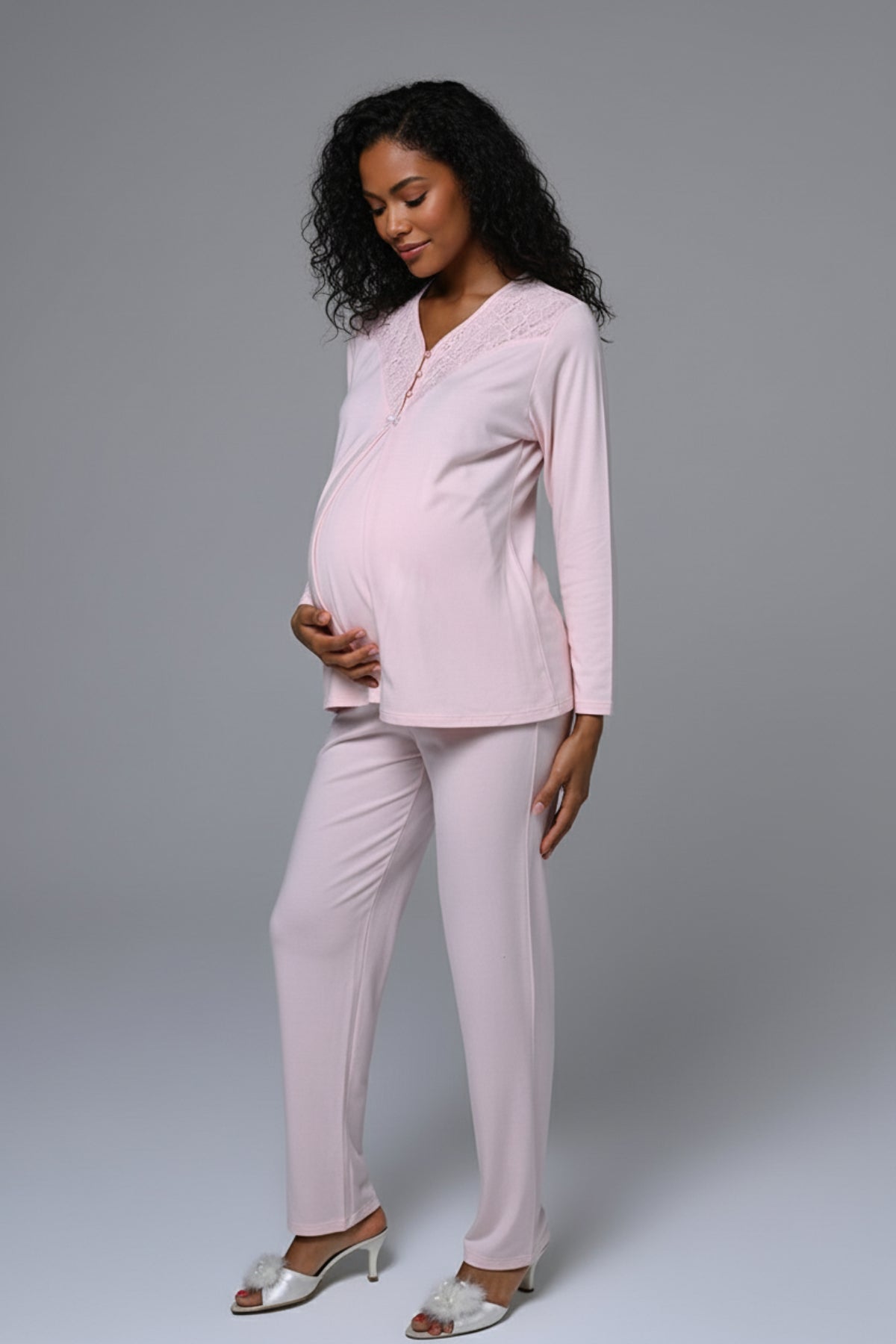 Guipure Collar 3-Piece Maternity Feeding-Friendly Pajama & Robe Set - N24345