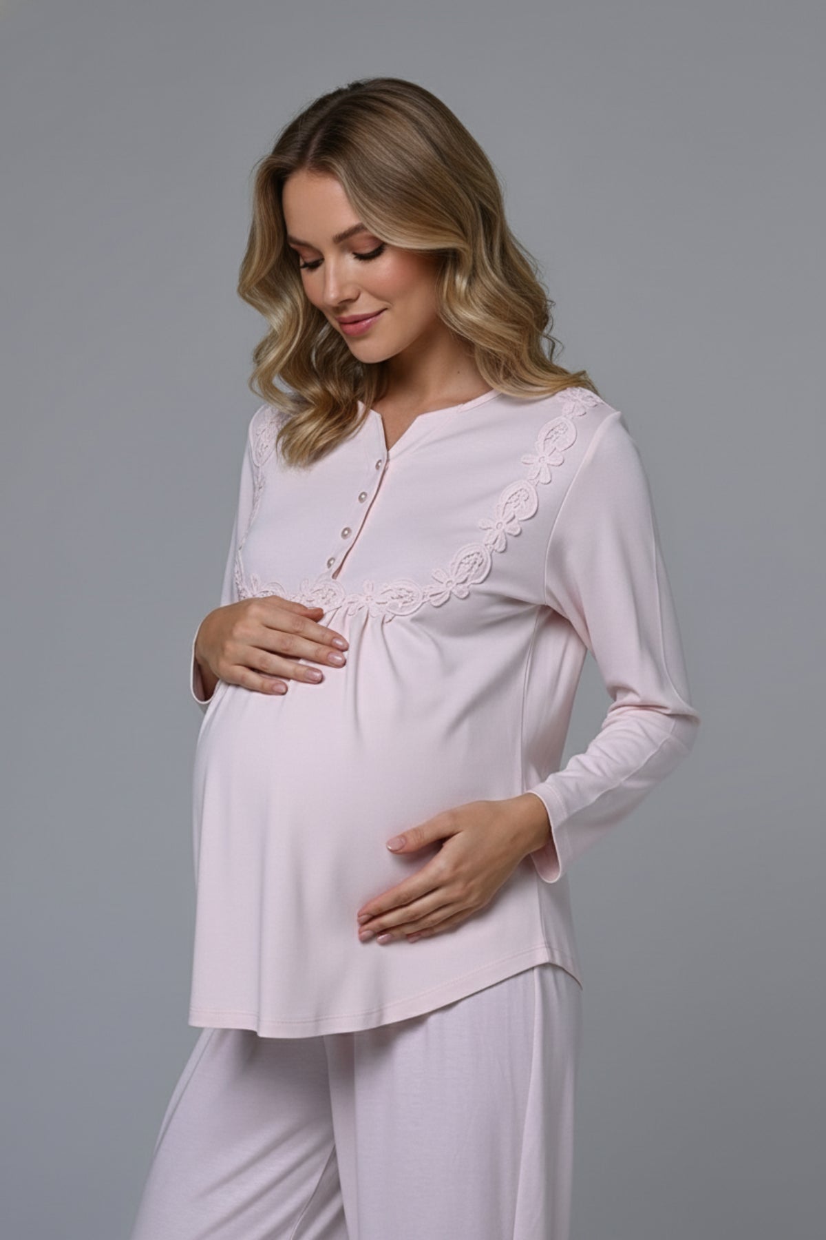 Guipure 3-Piece Maternity Feeding-Friendly Pajama & Welsoft Robe Set Pink - N24346