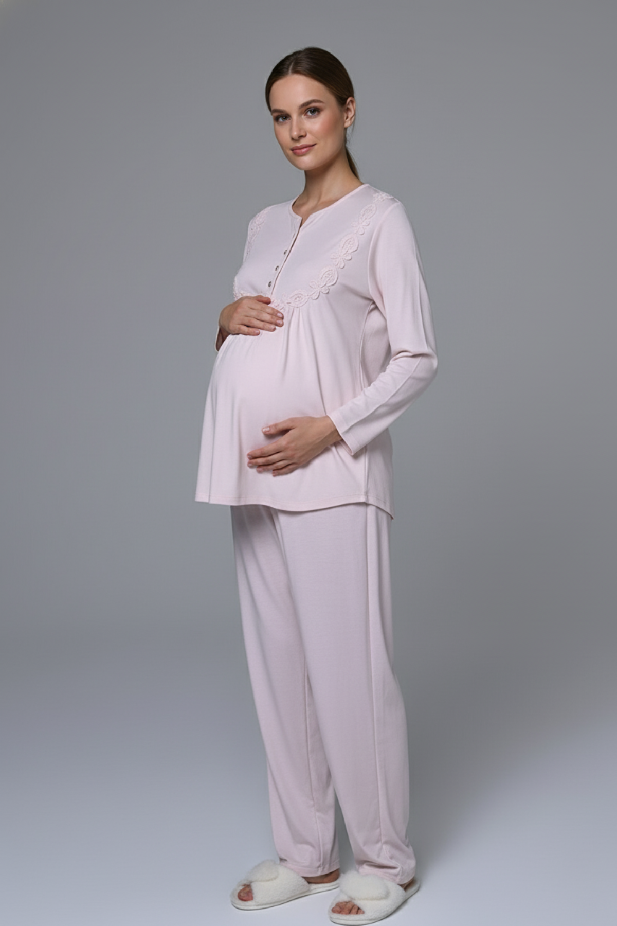 Guipure 3-Piece Maternity Feeding-Friendly Pajama & Welsoft Robe Set Pink - N24346