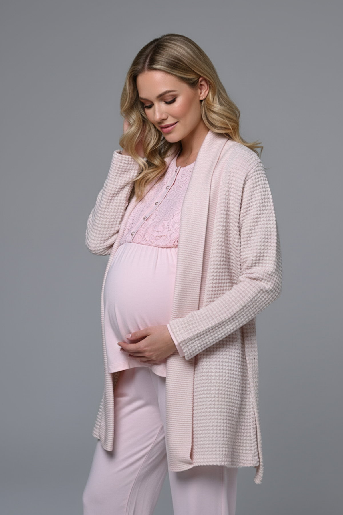 Lace Collar 3-Piece Maternity Feeding-Friendly Pajama & Knitwear Robe Set Pink - N24348