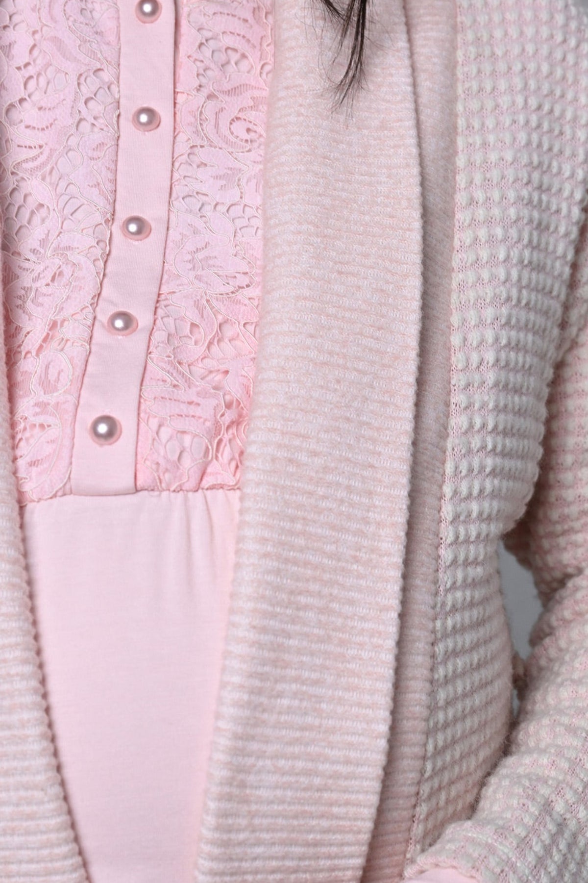 Lace Collar 3-Piece Maternity Feeding-Friendly Pajama & Knitwear Robe Set Pink - N24348