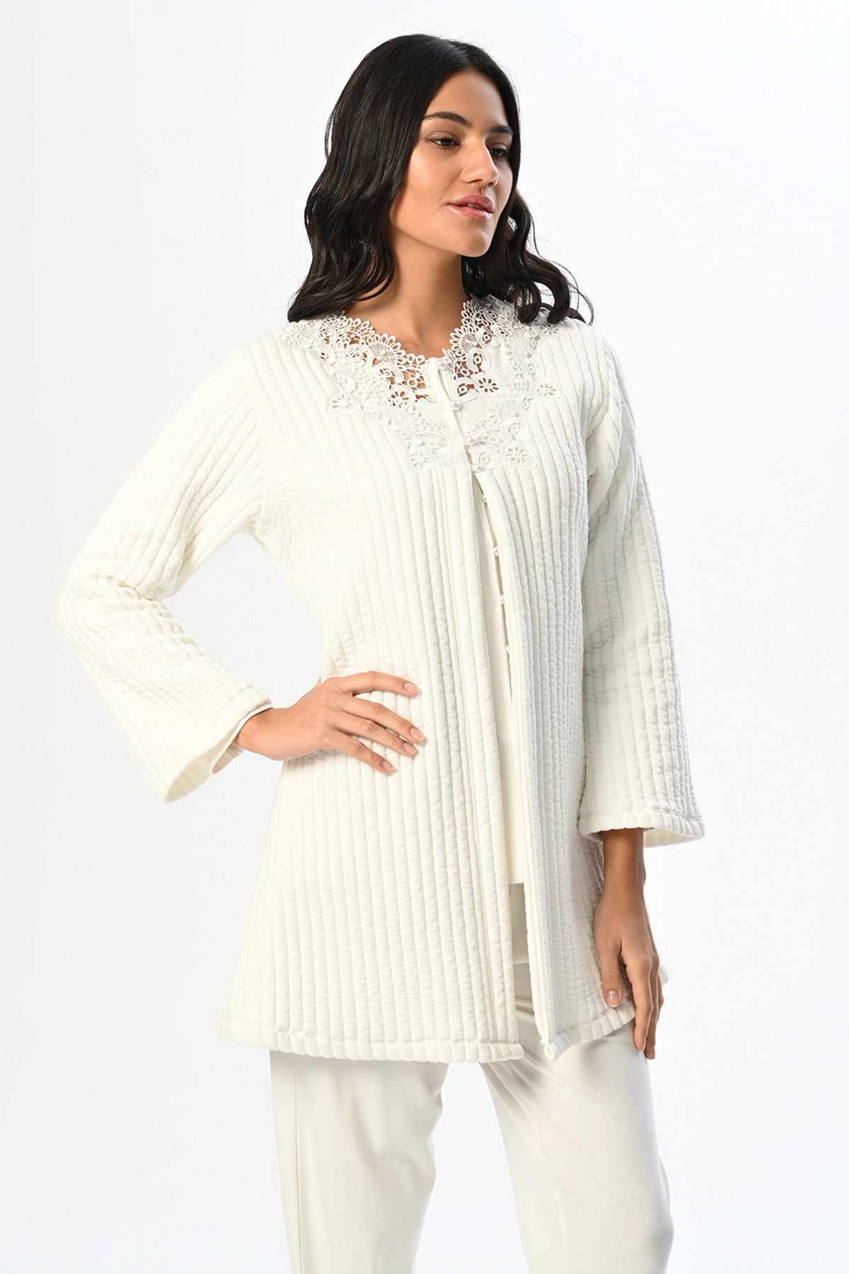 Lace Collar 3-Piece Maternity Feeding-Friendly Pajama & Ribbed Robe Set - N24349