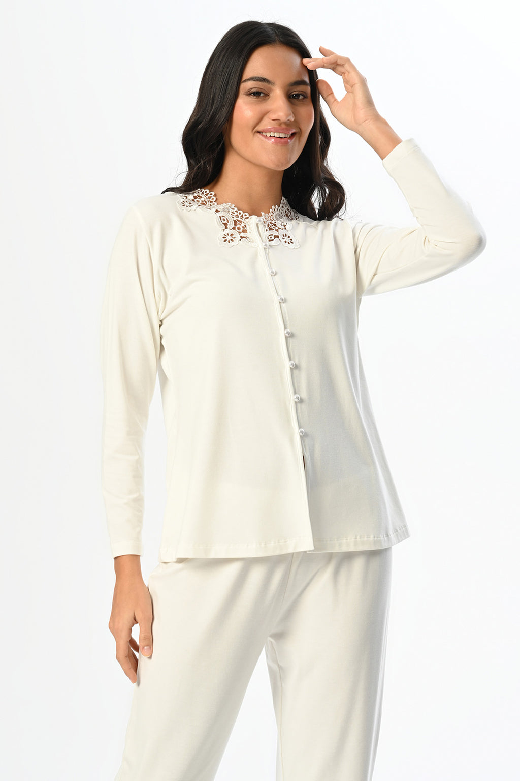 Lace Collar 3-Piece Maternity Feeding-Friendly Pajama & Ribbed Robe Set - N24349