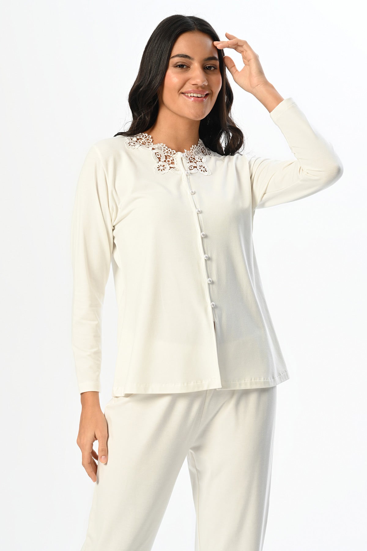 Lace Collar 3-Piece Maternity Feeding-Friendly Pajama & Ribbed Robe Set - N24349