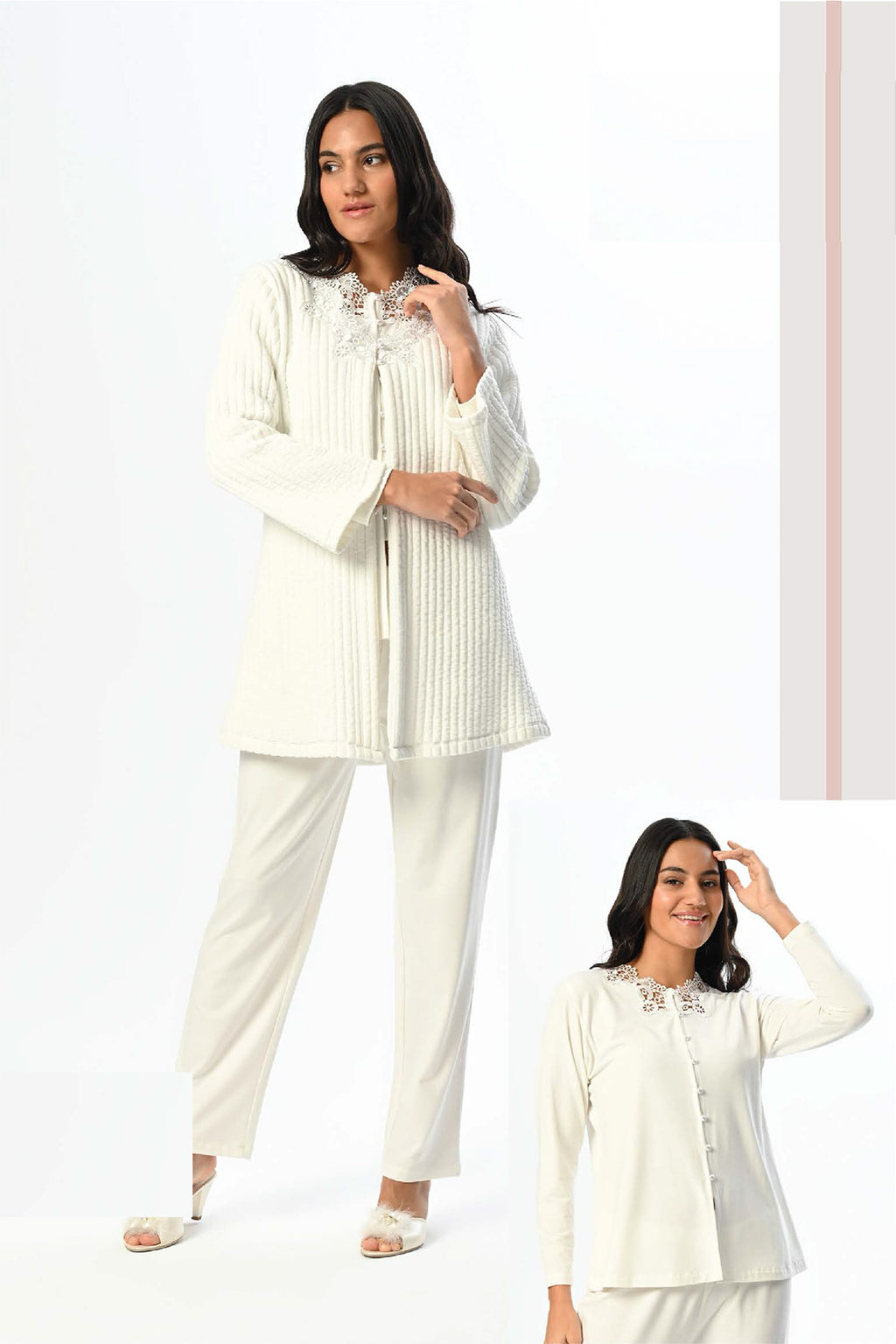 Lace Collar 3-Piece Maternity Feeding-Friendly Pajama & Ribbed Robe Set - N24349