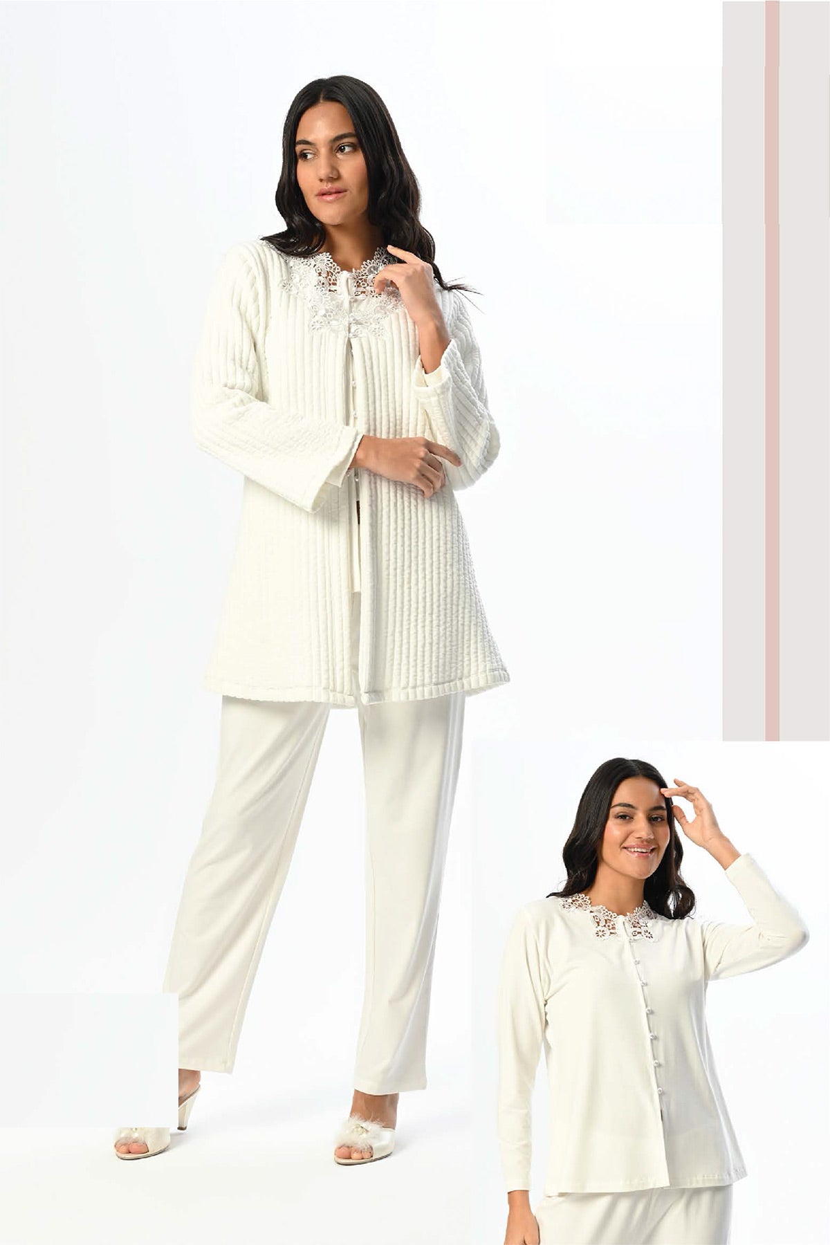 Lace Collar 3-Piece Maternity Feeding-Friendly Pajama & Ribbed Robe Set - N24349