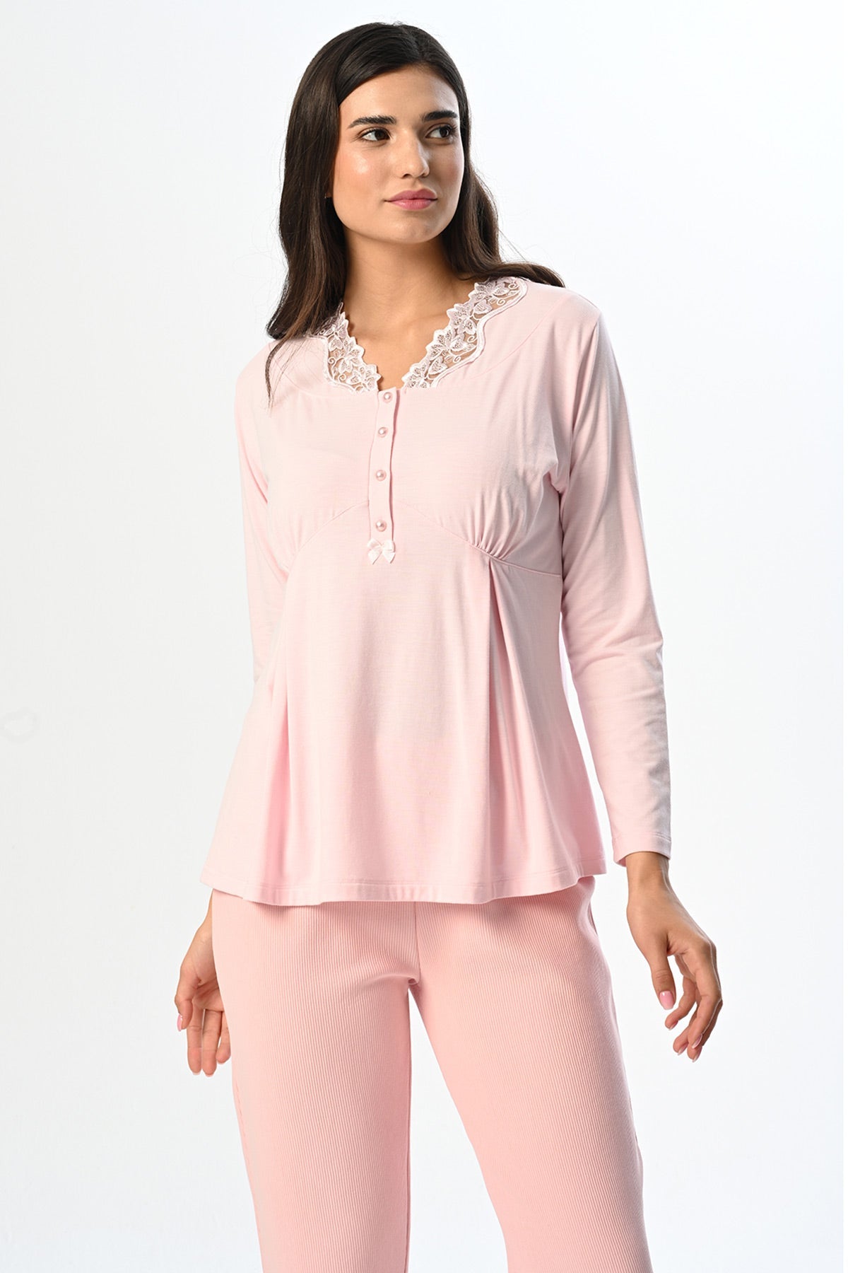 Flower Lace Collar 3-Piece Maternity Feeding-Friendly Pajama & Robe Set Pink - N24350
